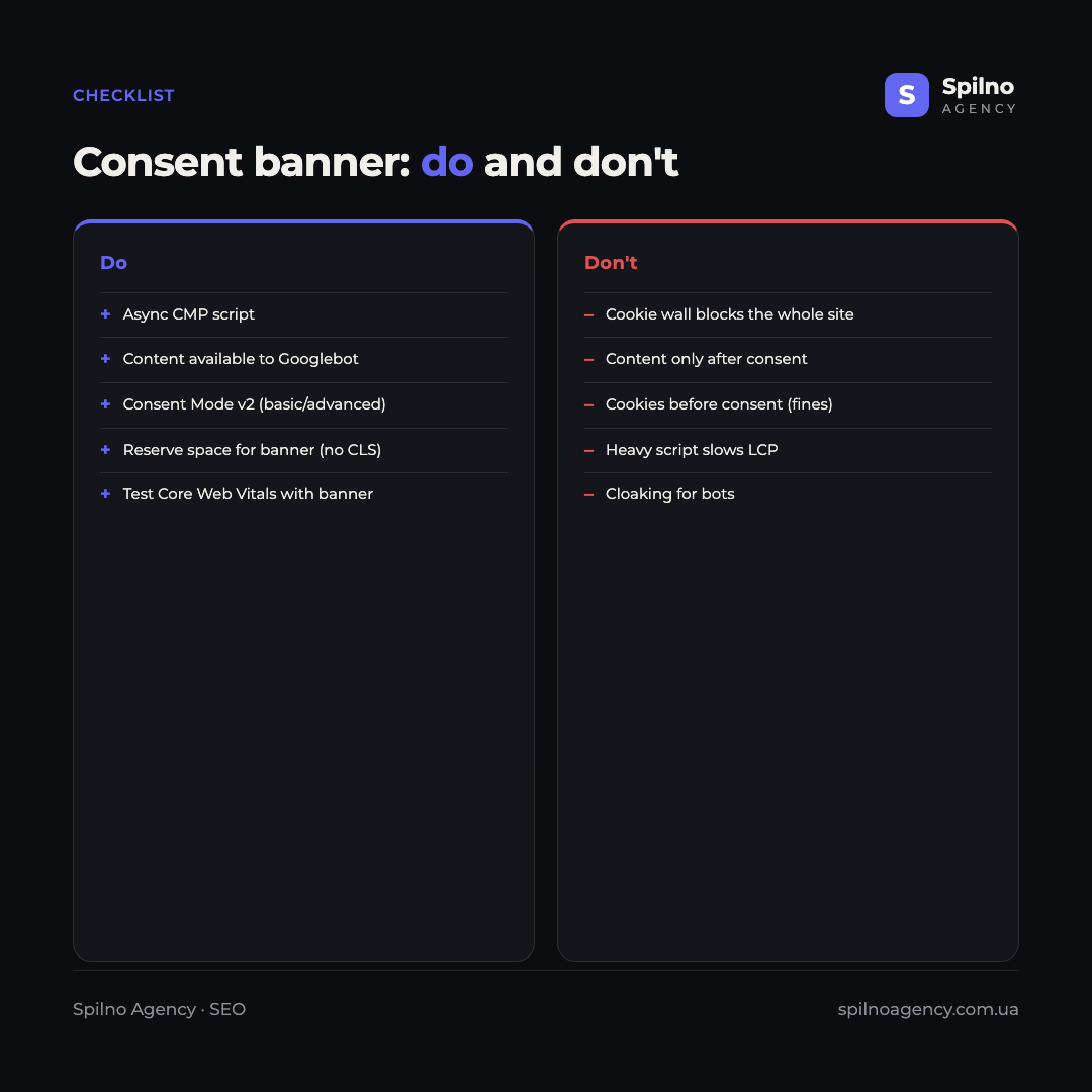 Infographic: consent banner and SEO — what to do right and which mistakes to avoid