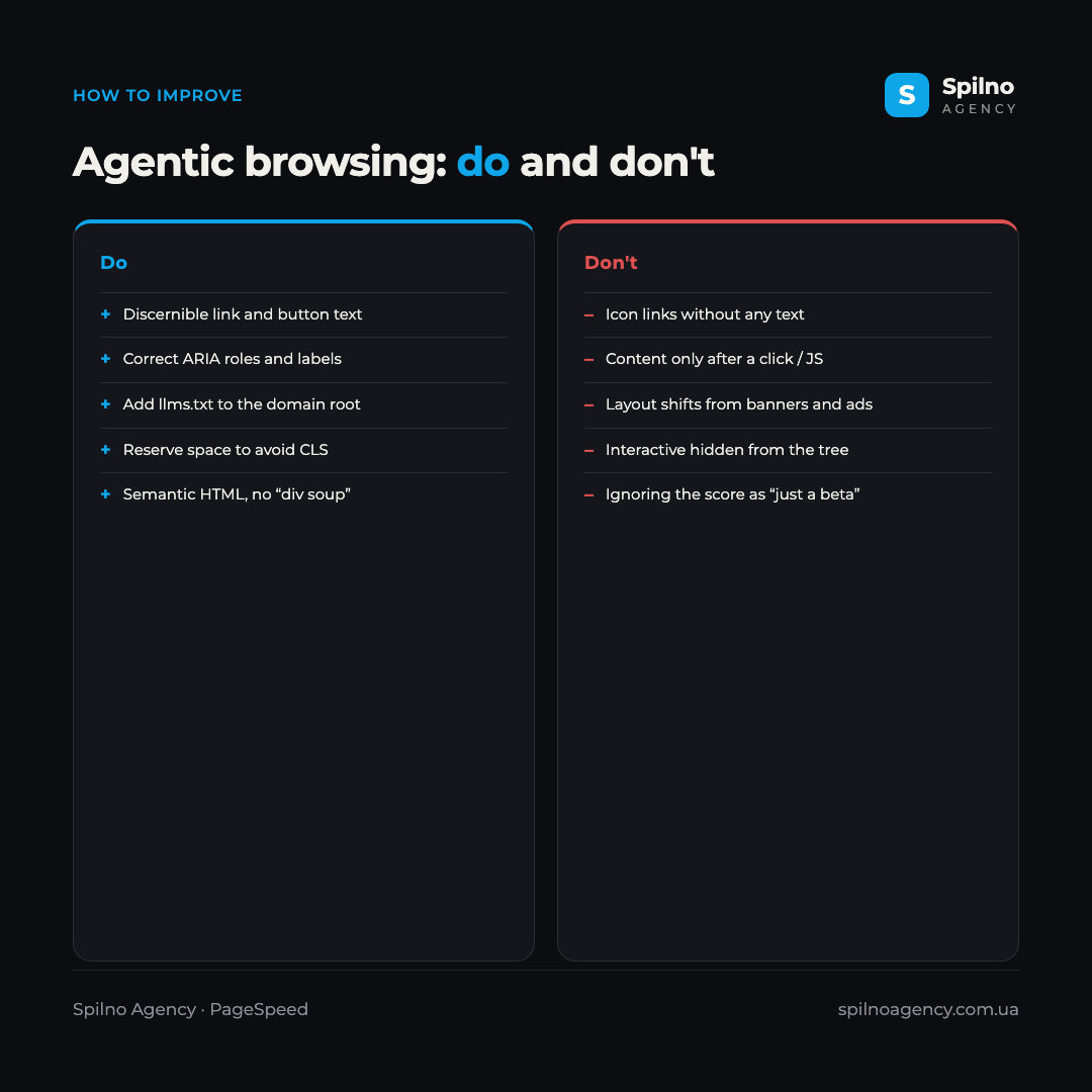 Infographic: agentic browsing — what to do right (discernible link text, ARIA roles, llms.txt, no CLS) and which mistakes to avoid
