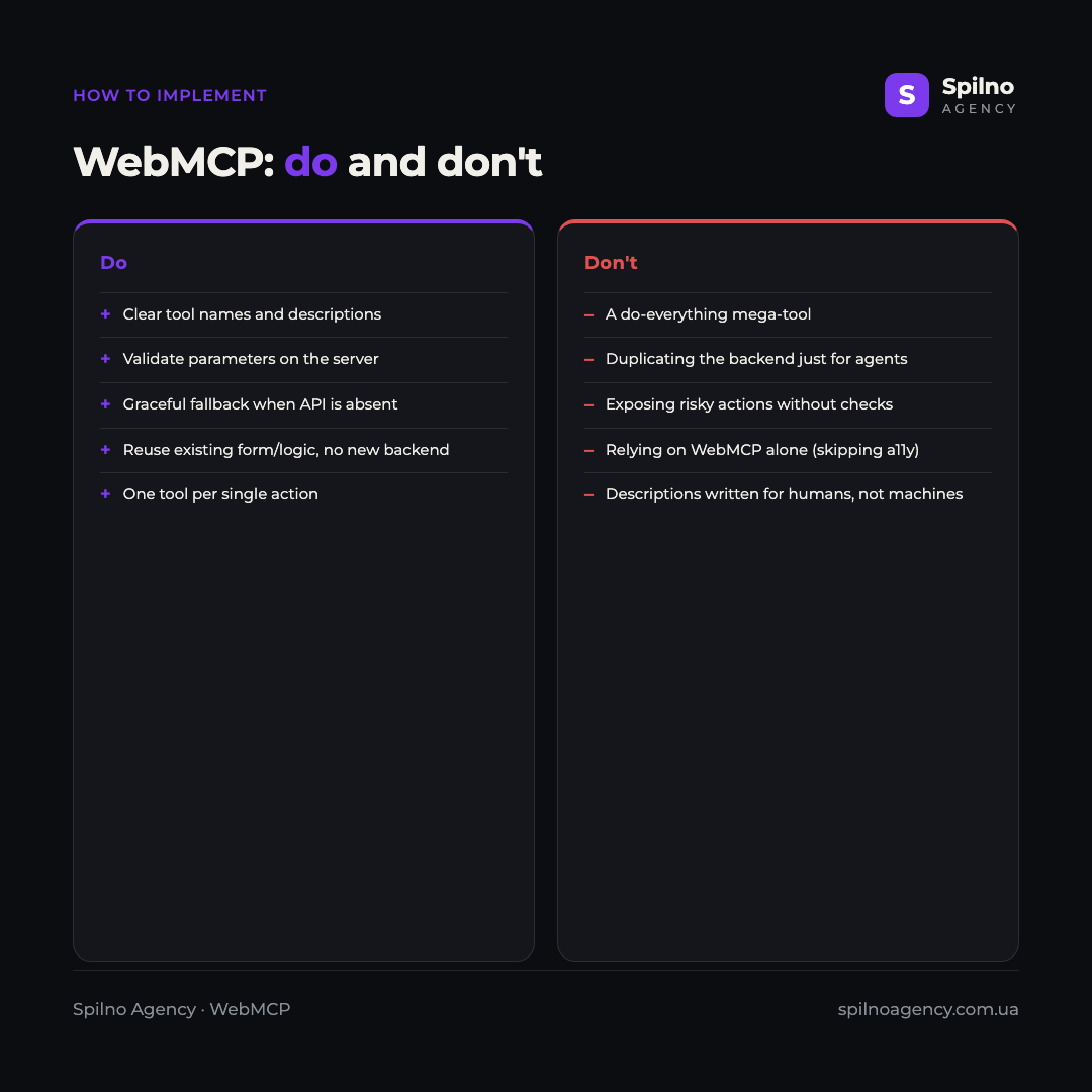 Infographic: how to implement WebMCP — what to do right (clear descriptions, validation, fallback, reusing forms) and which mistakes to avoid
