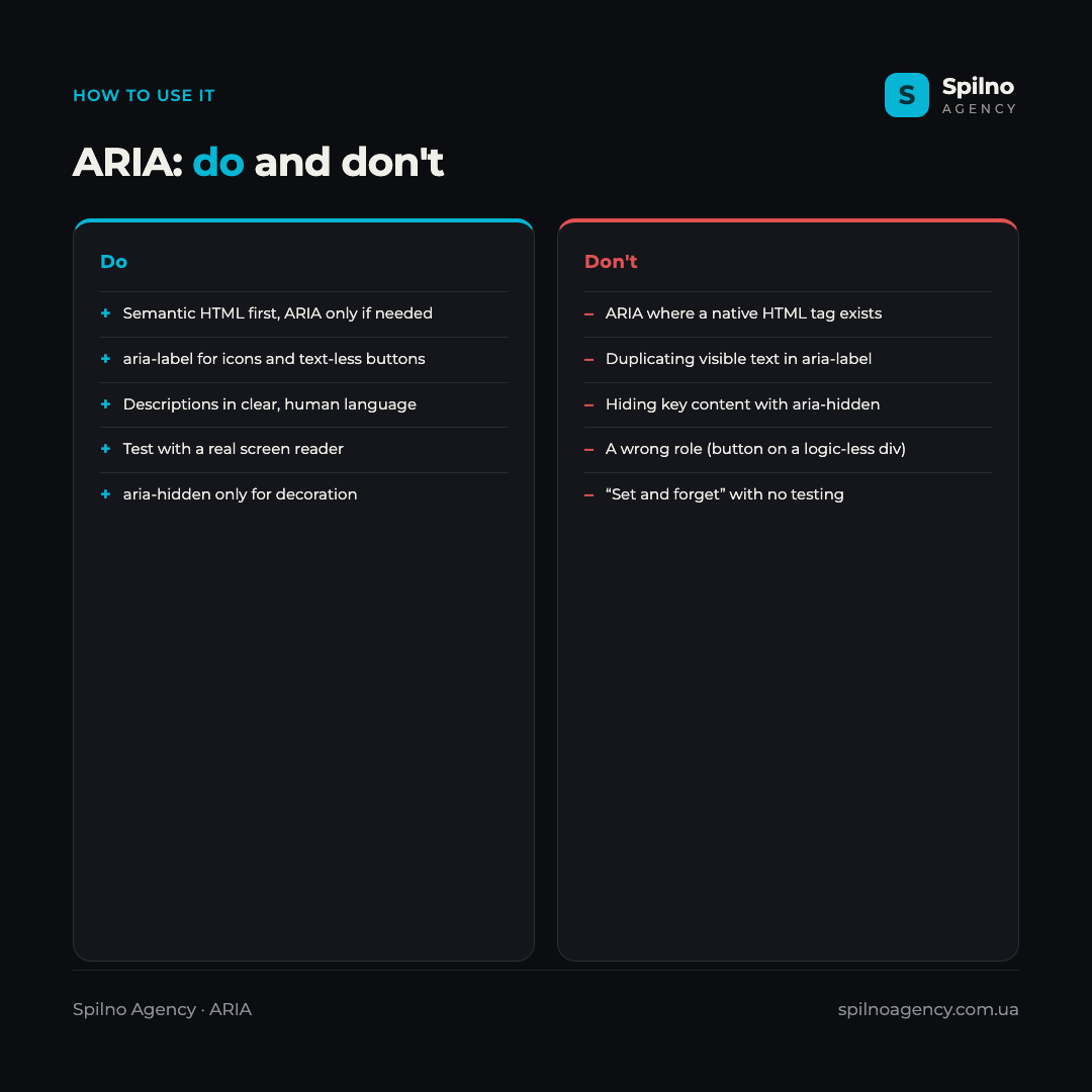 Infographic: ARIA do and don't — what to do (semantic HTML first, aria-label for icons, test with a screen reader) and what to avoid