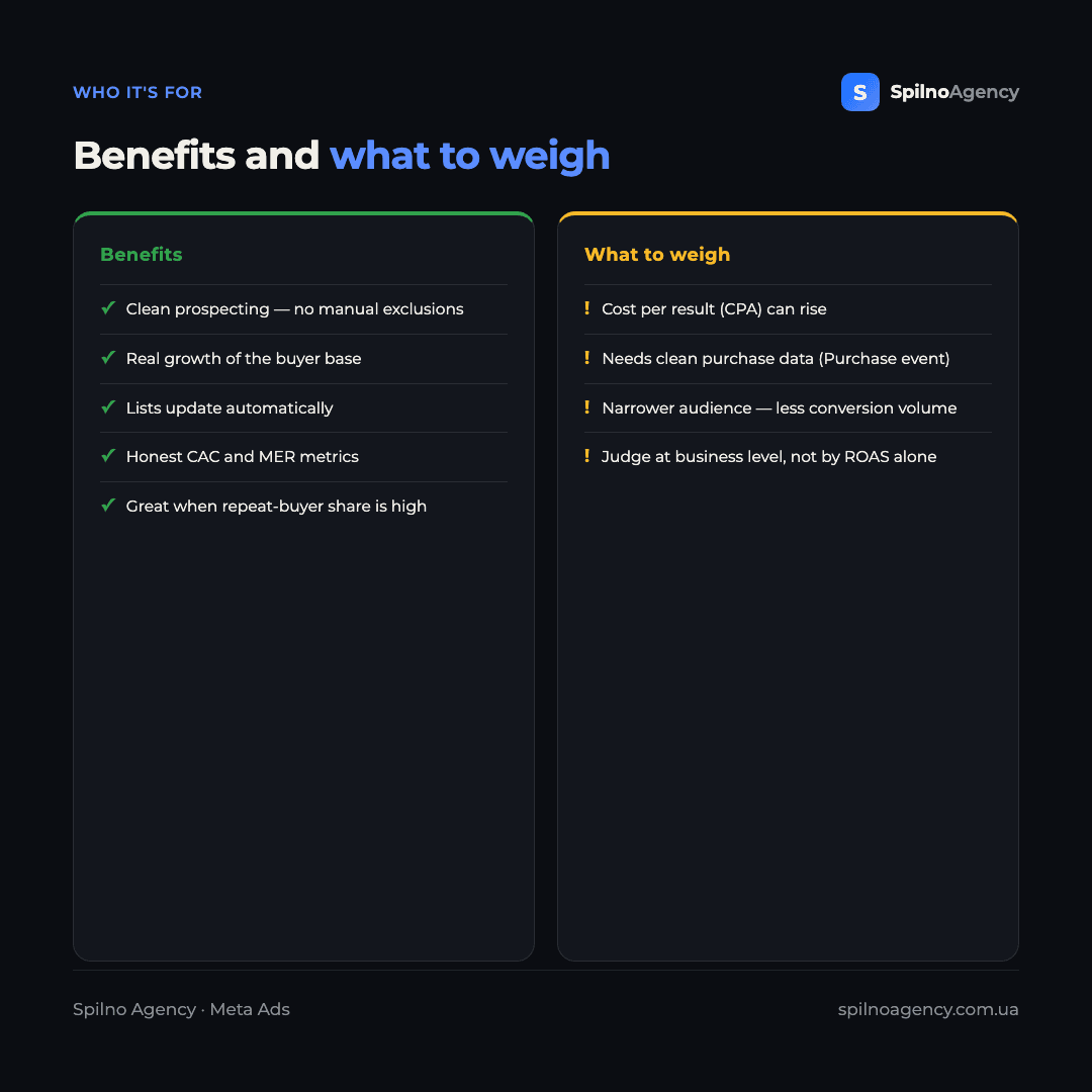 Infographic: Meta Ads new customer acquisition — benefits (clean prospecting, honest CAC) and what to weigh (higher cost, data quality, metrics)