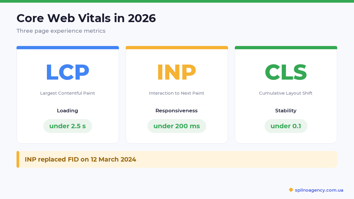 Core Web Vitals 2026: LCP, INP, CLS thresholds
