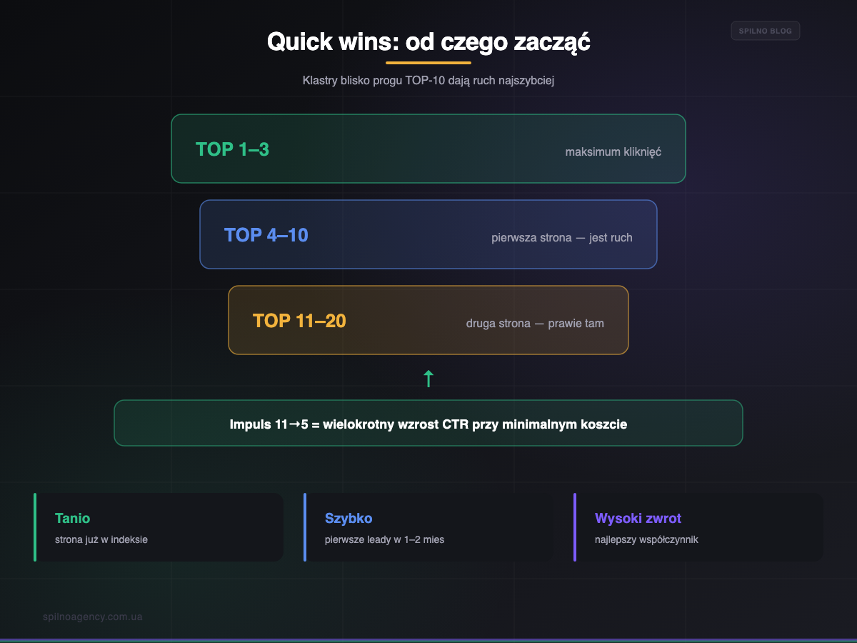 Quick wins w SEO: klastry blisko progu TOP-10 — infografika