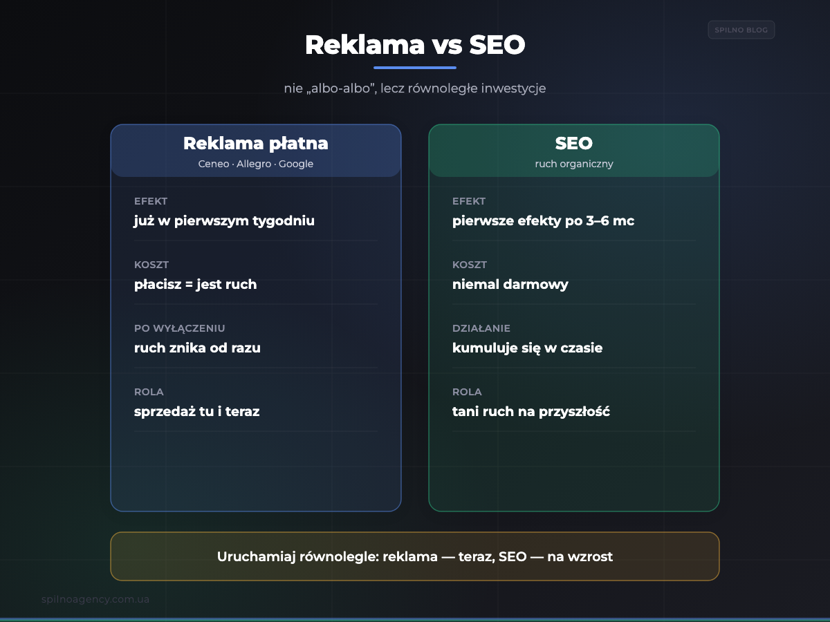Reklama vs SEO dla sklepu internetowego: porównanie kanałów — infografika