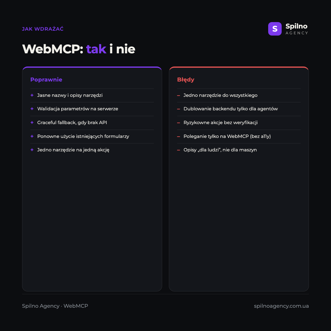 Infografika: jak wdrażać WebMCP — co robić poprawnie (jasne opisy, walidacja, fallback, ponowne użycie formularzy) i jakich błędów unikać