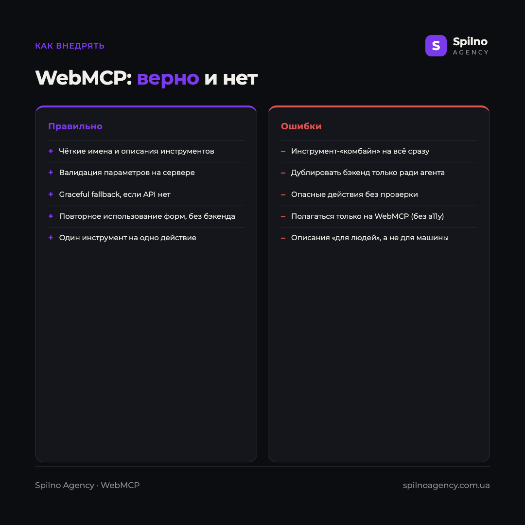 Инфографика: как внедрять WebMCP — что делать правильно (чёткие описания, валидация, fallback, повторное использование форм) и каких ошибок избегать