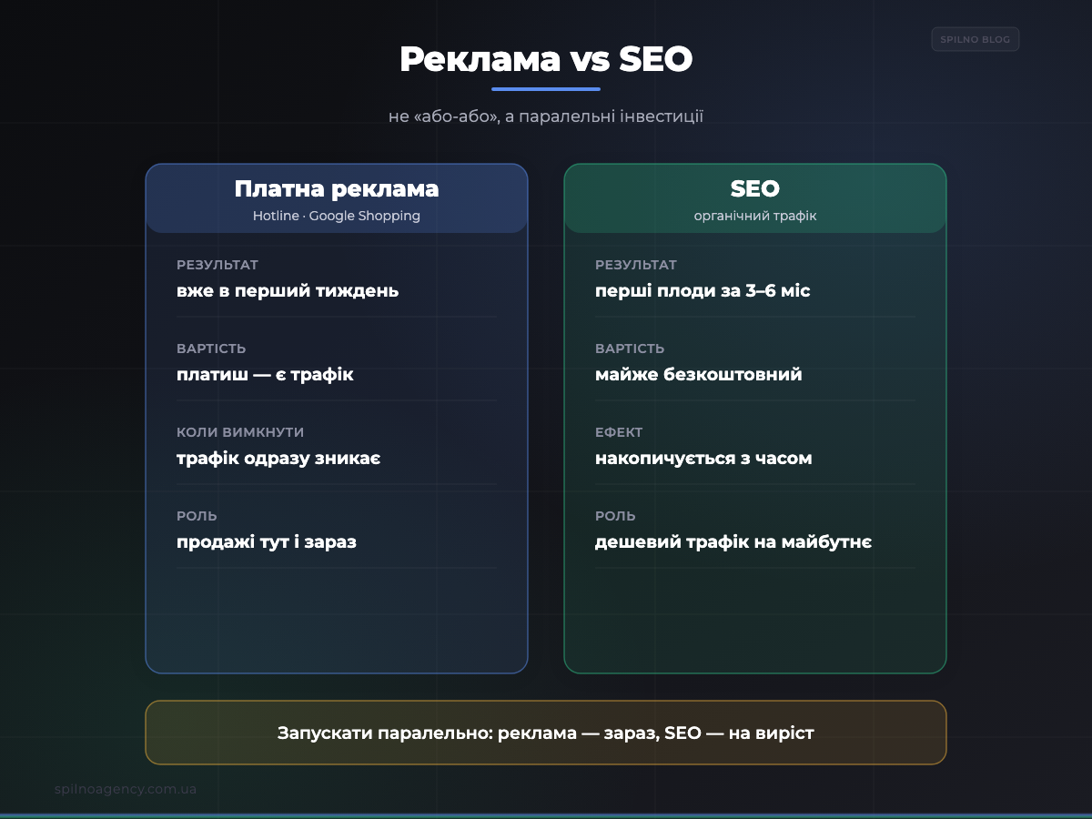 Реклама vs SEO для інтернет-магазину: порівняння каналів — інфографіка