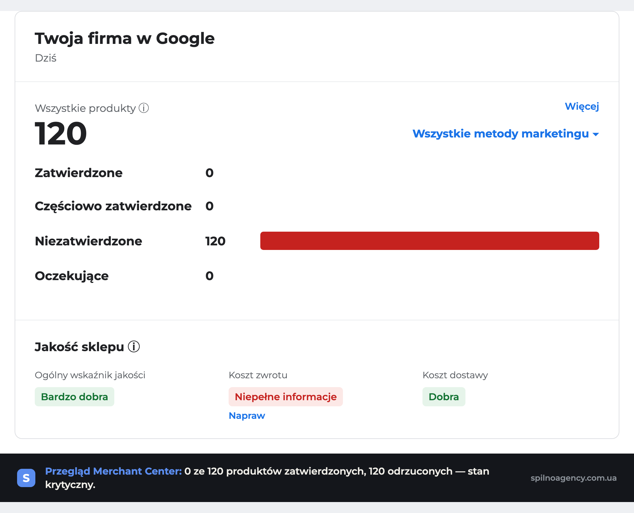 Przegląd Google Merchant Center: ze 120 produktów zatwierdzono 0, niezatwierdzono 120 — krytyczny stan konta