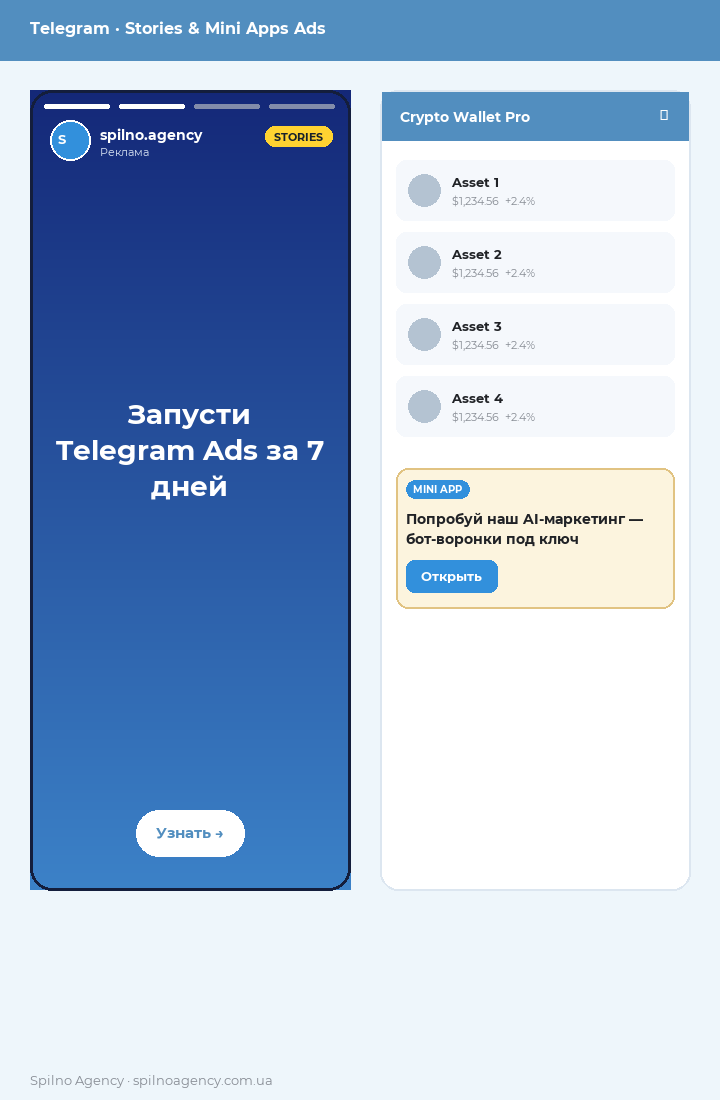 Мокап Stories Ads и Mini App Ads в Telegram — два формата рядом