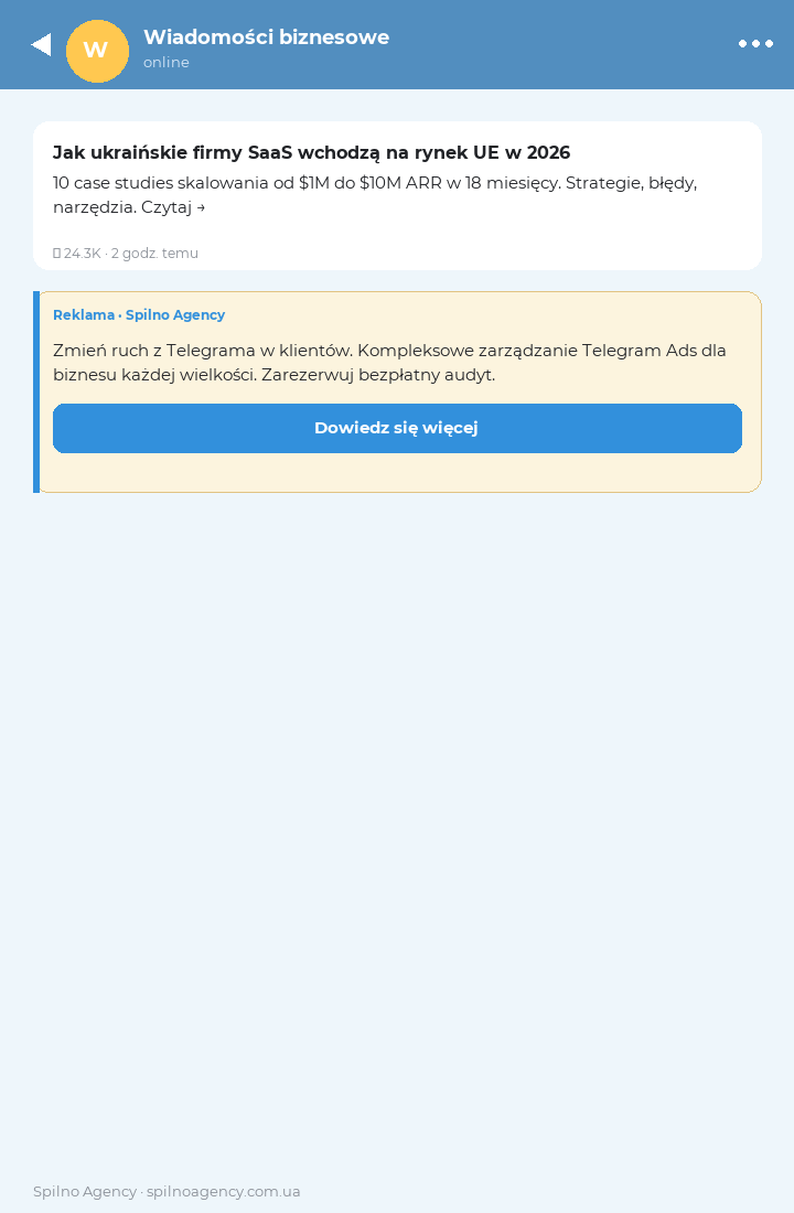 Mockup reklamy Telegram Ads Platform — blok Sponsored pod postem w kanale