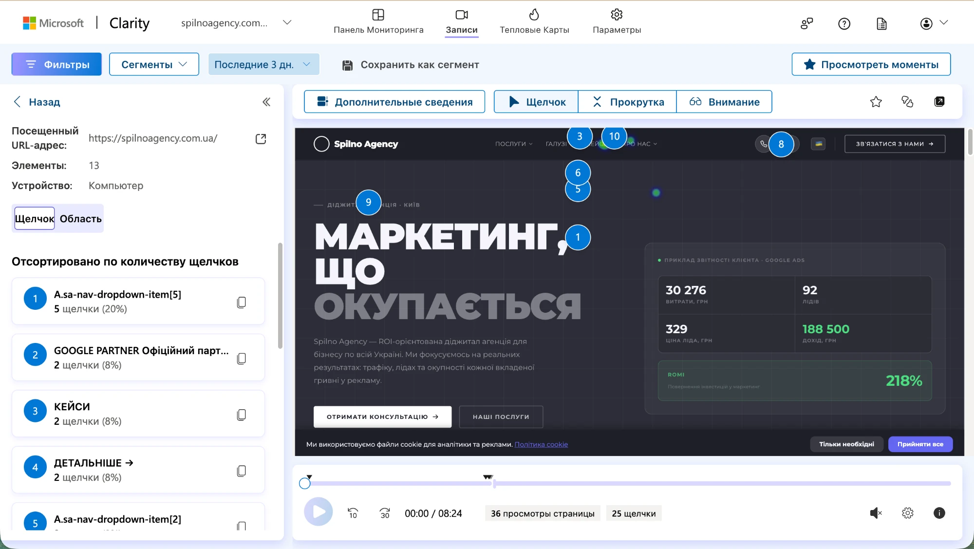 Microsoft Clarity — analityka kliknięć: menu nawigacyjne 5 kliknięć (20%), przyciski strony