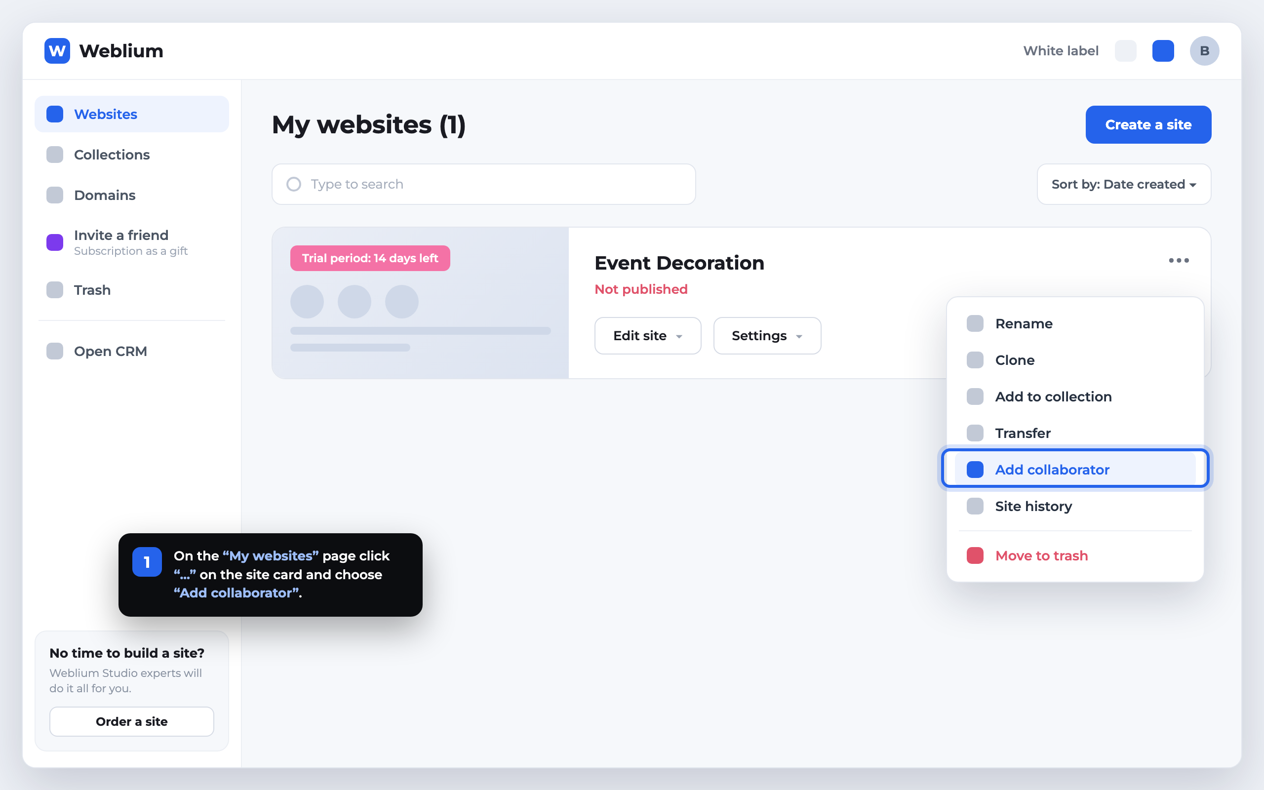 Step 1: three-dot menu on a Weblium site card and the Add collaborator option