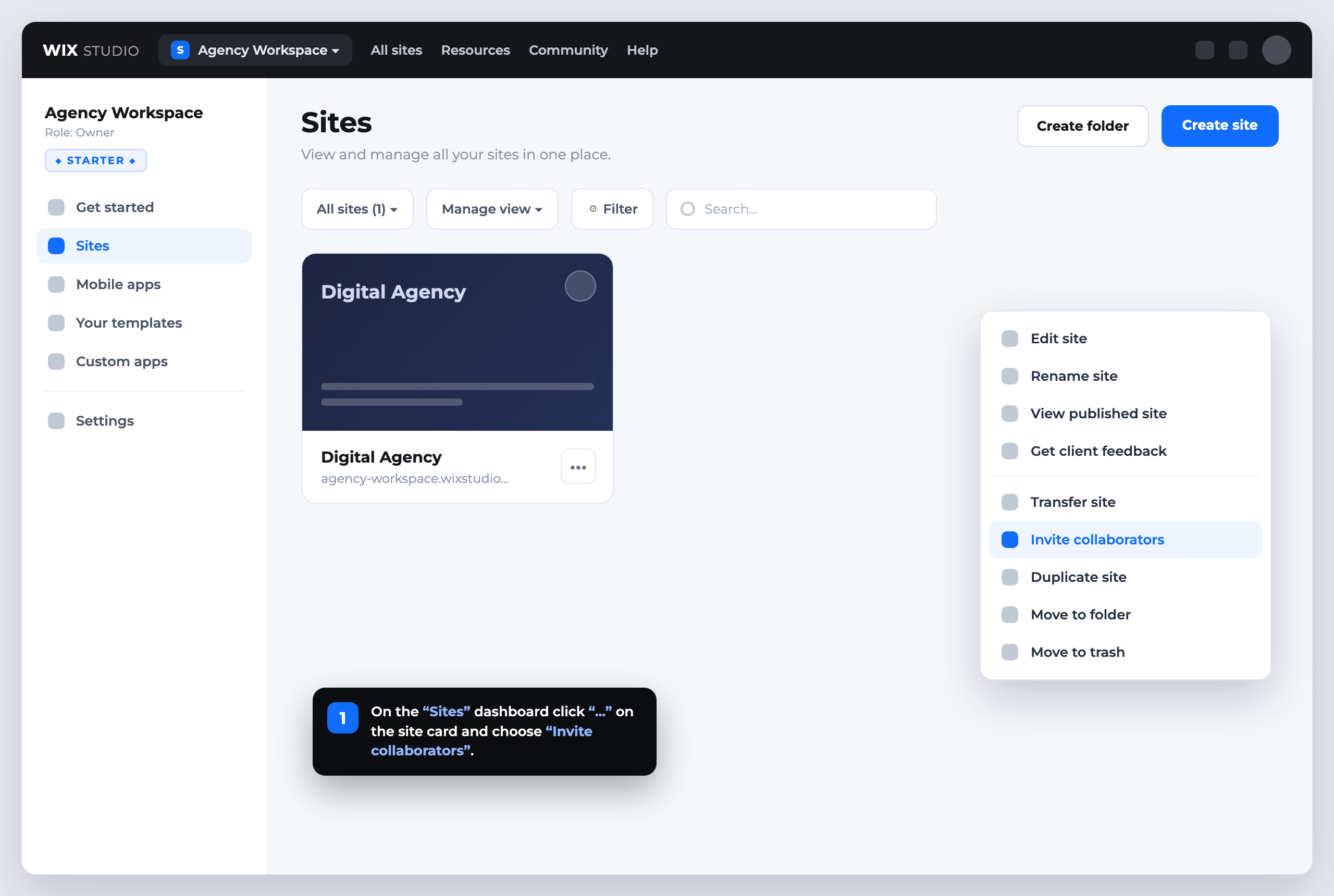 Step 1: three-dot menu on a Wix site card and the Invite collaborators option