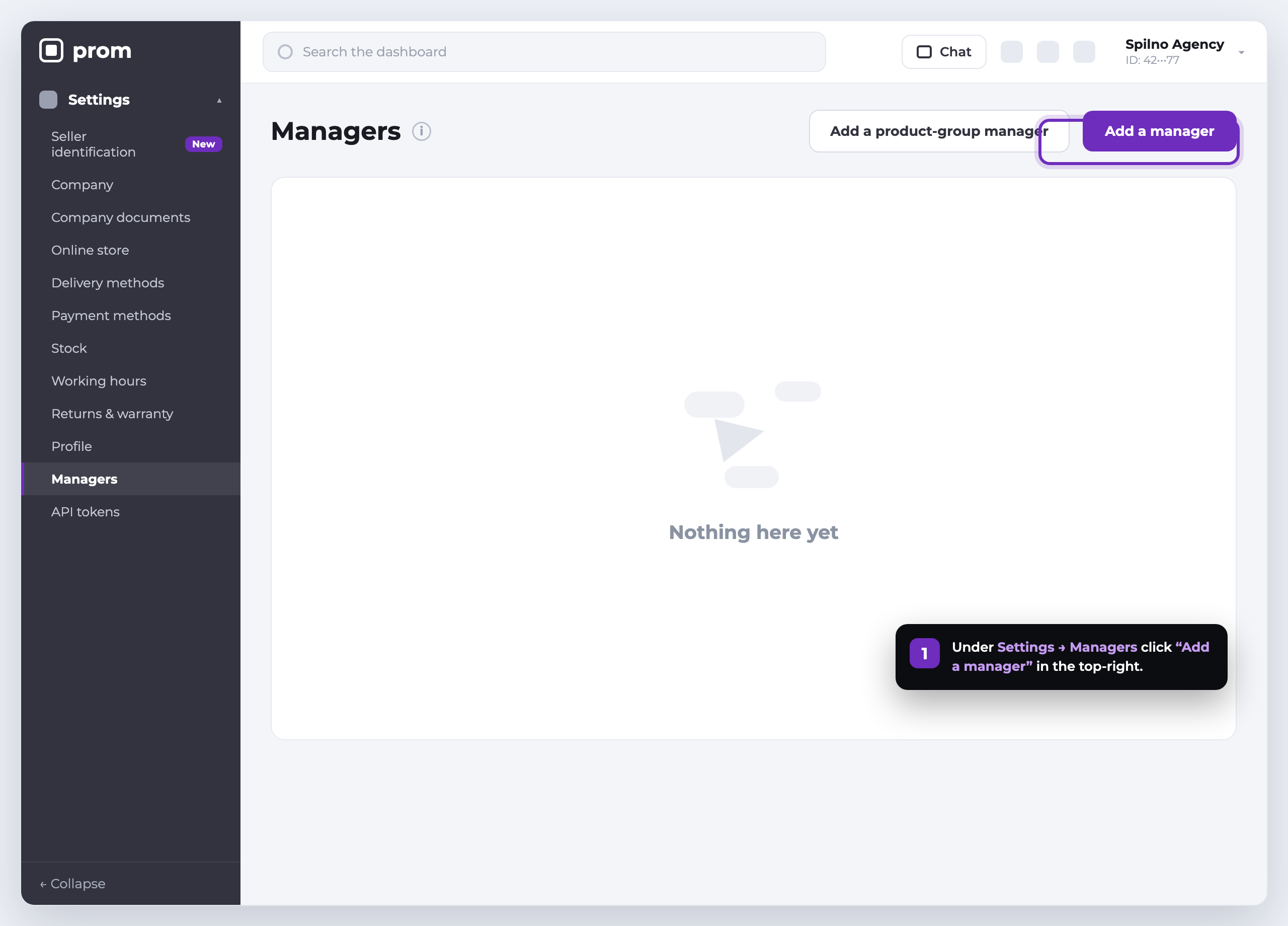 Step 1-2: the Settings Managers section on Prom.ua and the Add a manager button