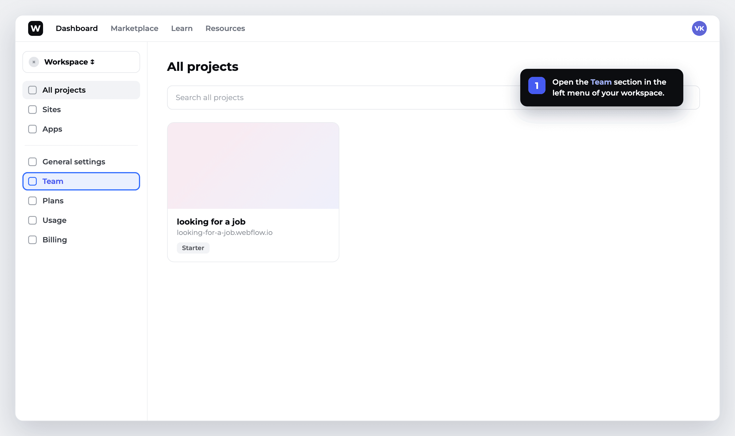 Step 1: open the Team section in the Webflow dashboard