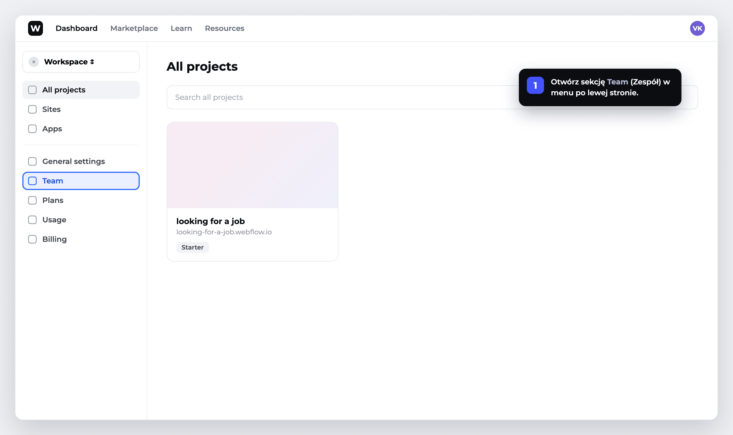 Krok 1: otwórz sekcję Team w pulpicie Webflow