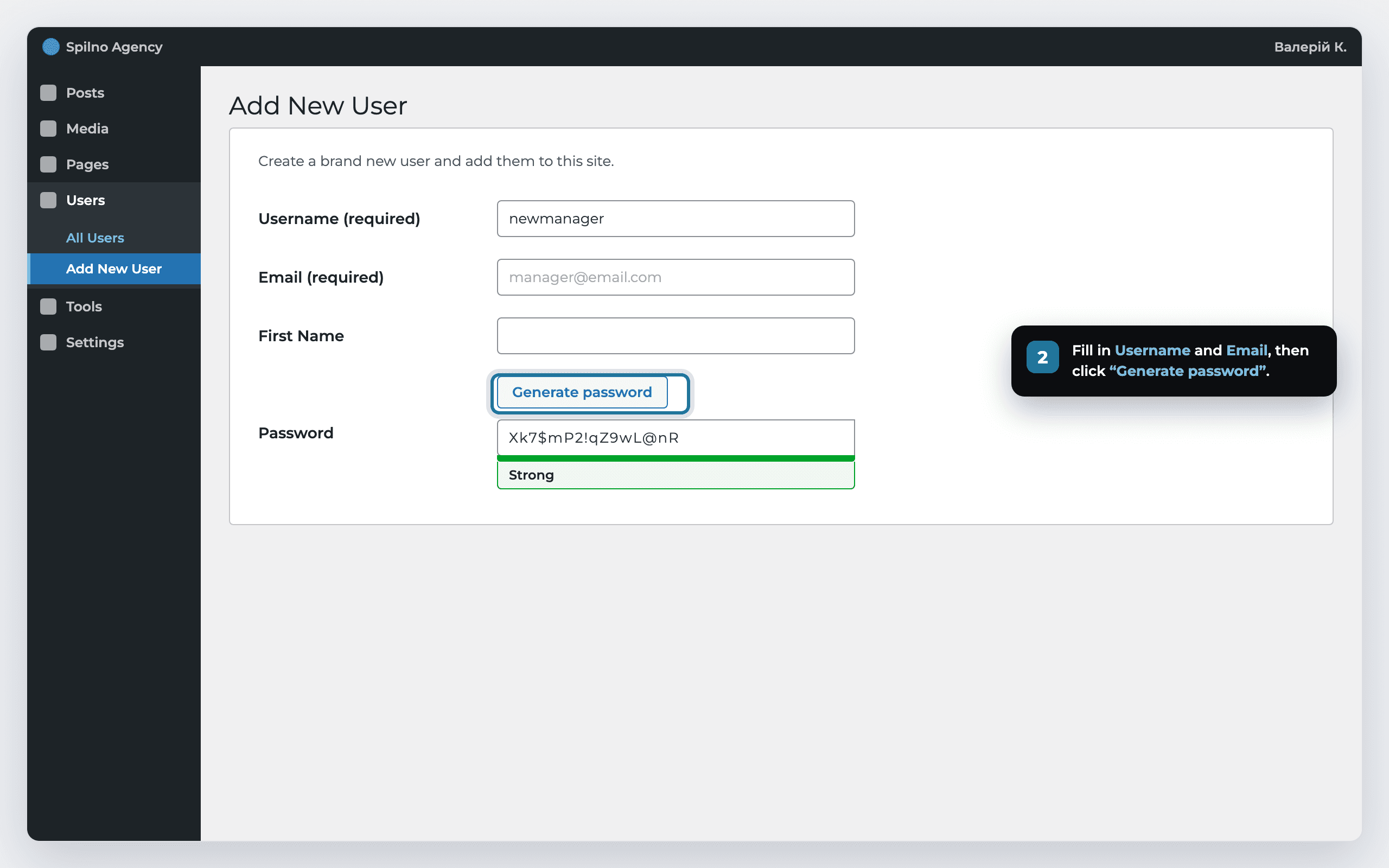 Step 2: filling in username, email and generating a password in WordPress
