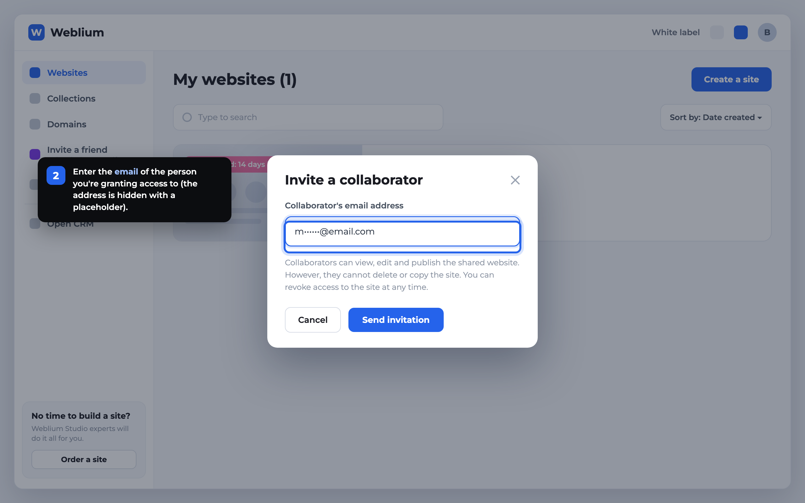 Step 2: Invite a collaborator window in Weblium — the email field