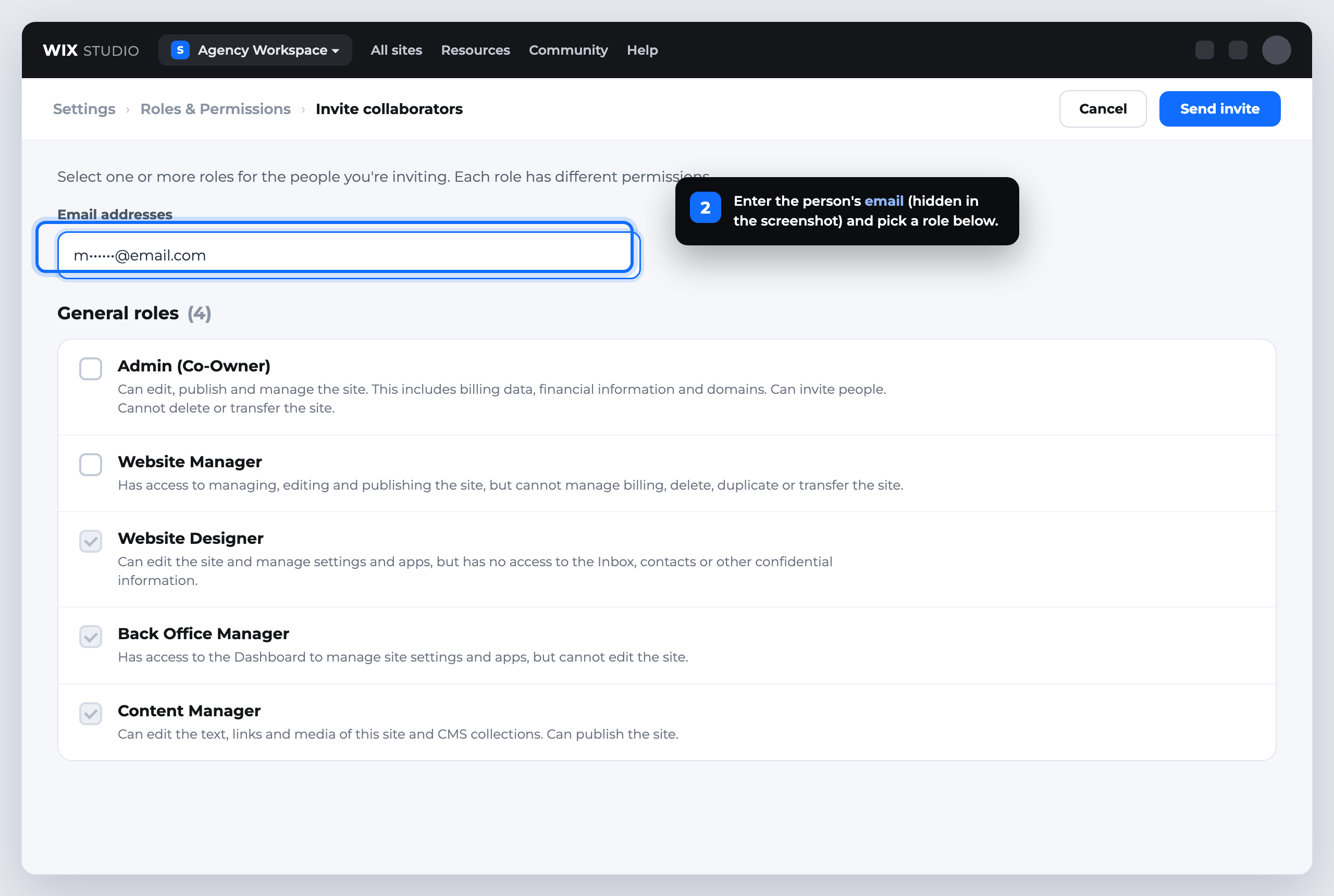 Step 2: collaborator invite window in Wix — email field and role selection