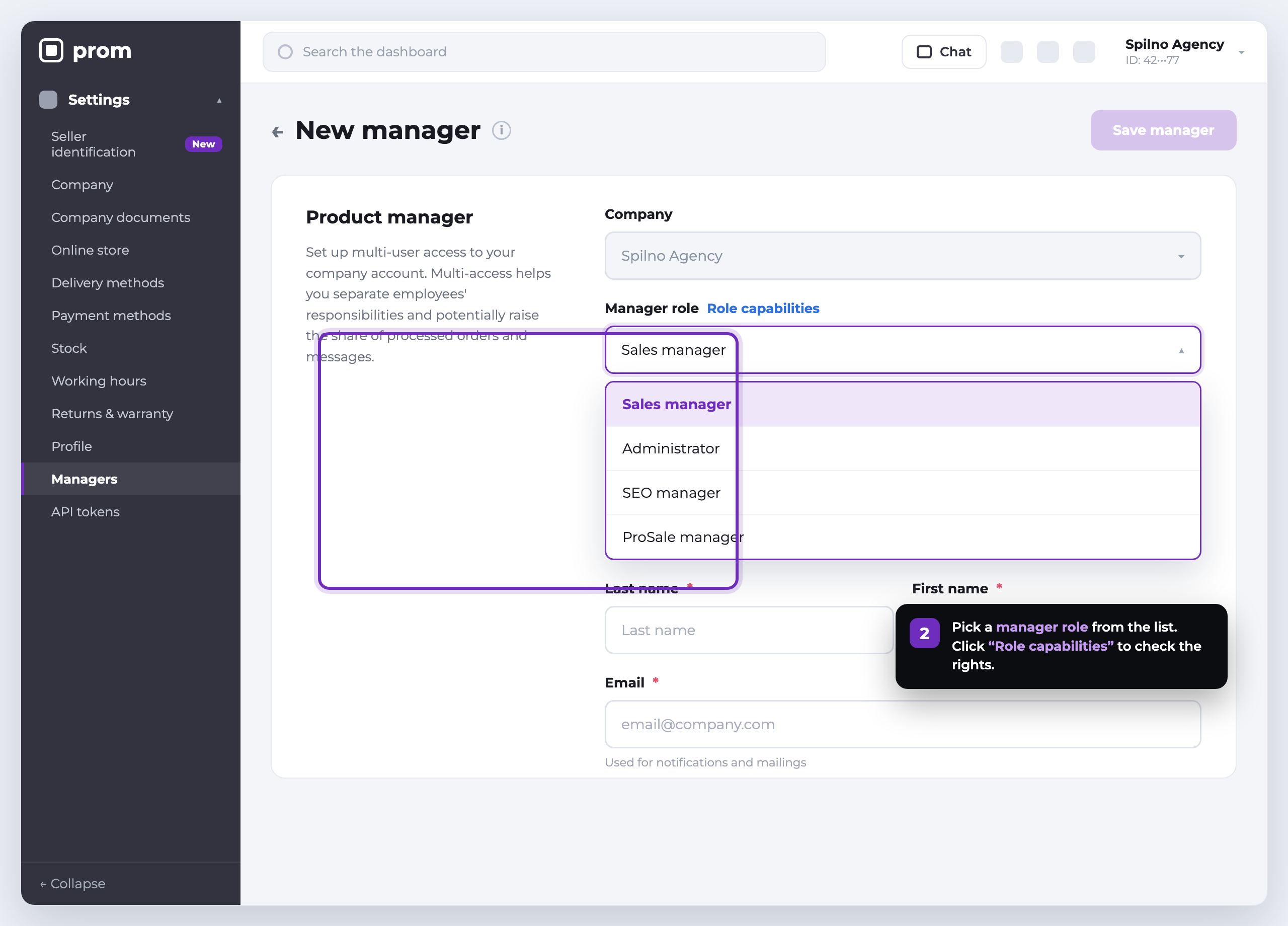 Step 3: choosing a manager role on Prom.ua — the list of roles in the New manager form