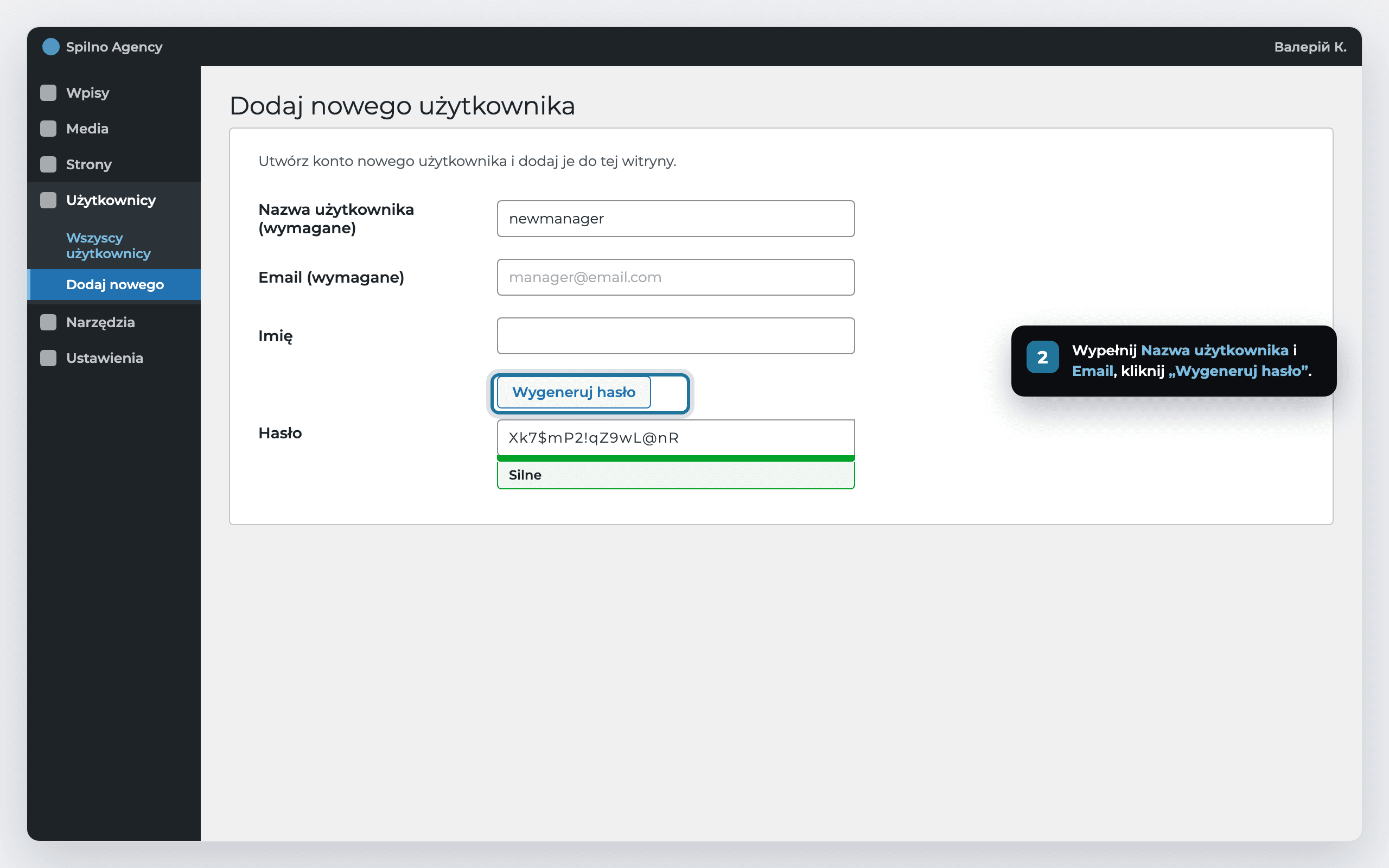 Krok 2: wypełnianie nazwy użytkownika, email i generowanie hasła w WordPress
