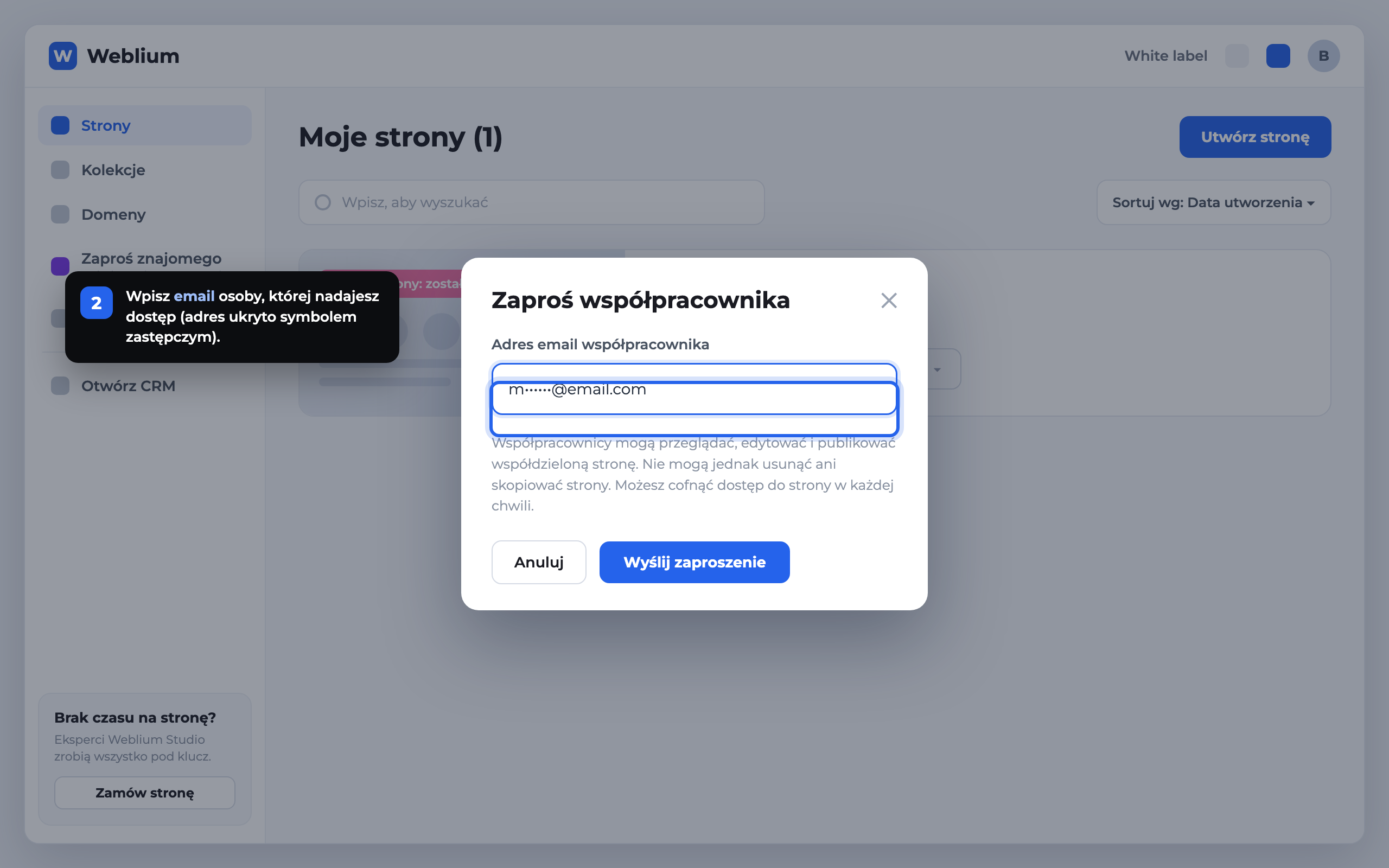 Krok 2: okno Zaproś współpracownika w Weblium — pole na email