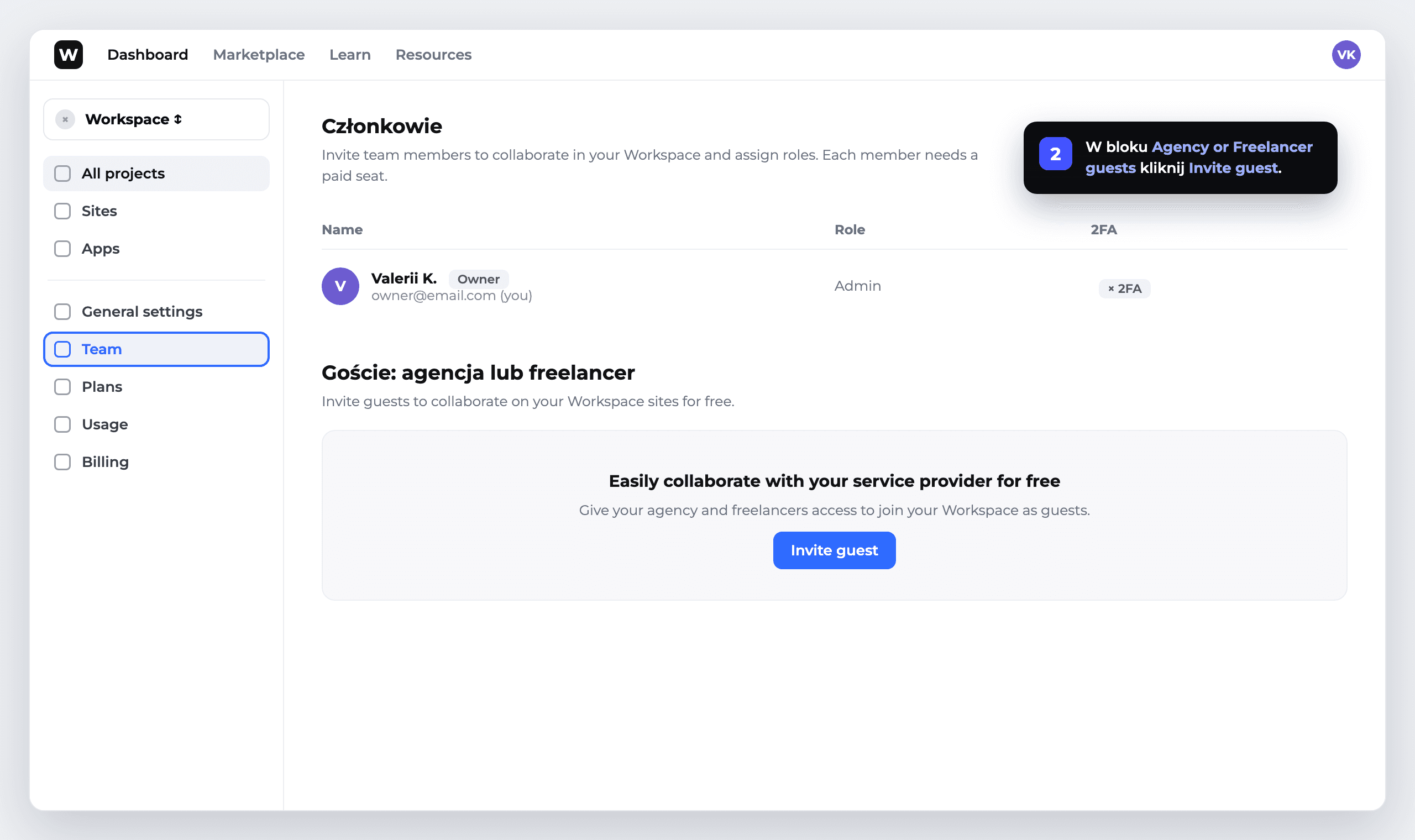 Krok 2: blok Agency or Freelancer guests i przycisk Invite guest