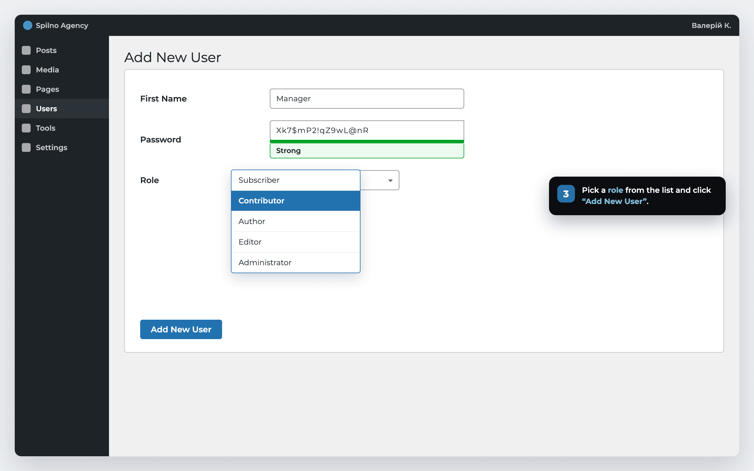 Step 3: choosing a user role and the Add New User button in WordPress