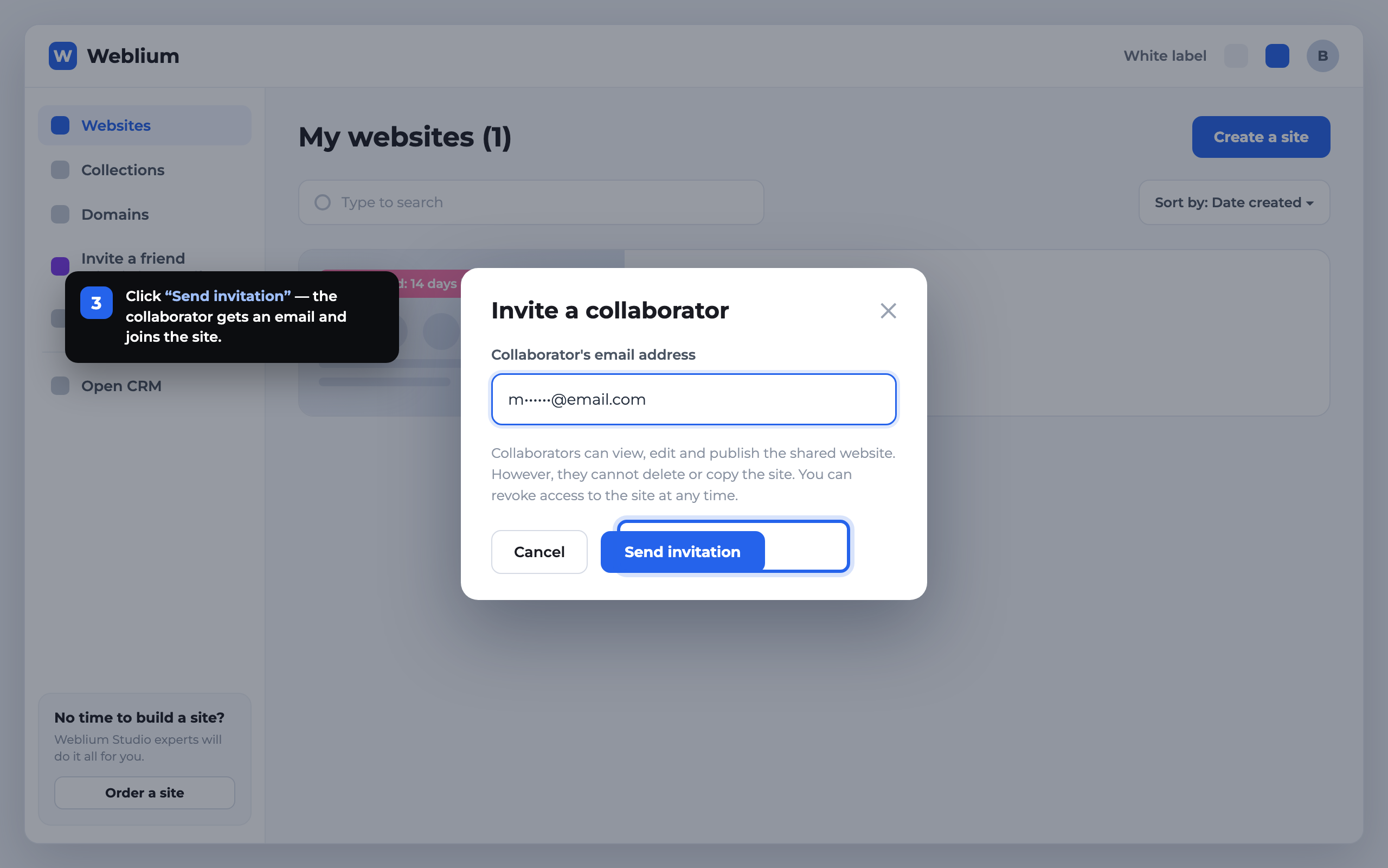 Step 3: Send invitation button in the Weblium Invite a collaborator window