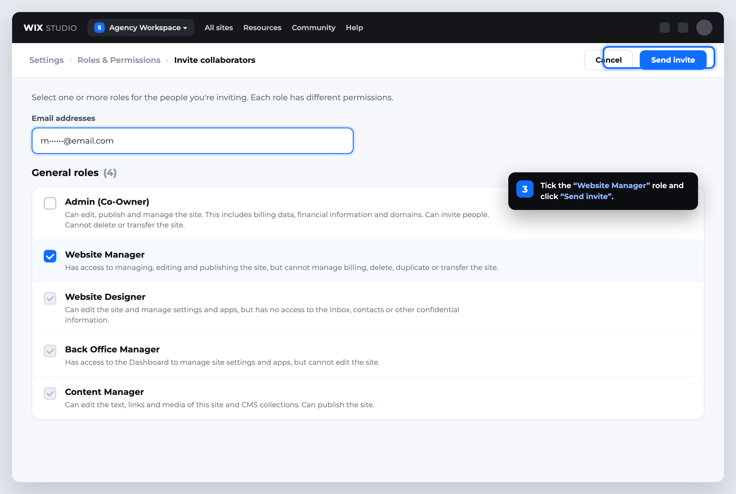 Step 3: selecting the Website Manager role and the Send invite button in Wix