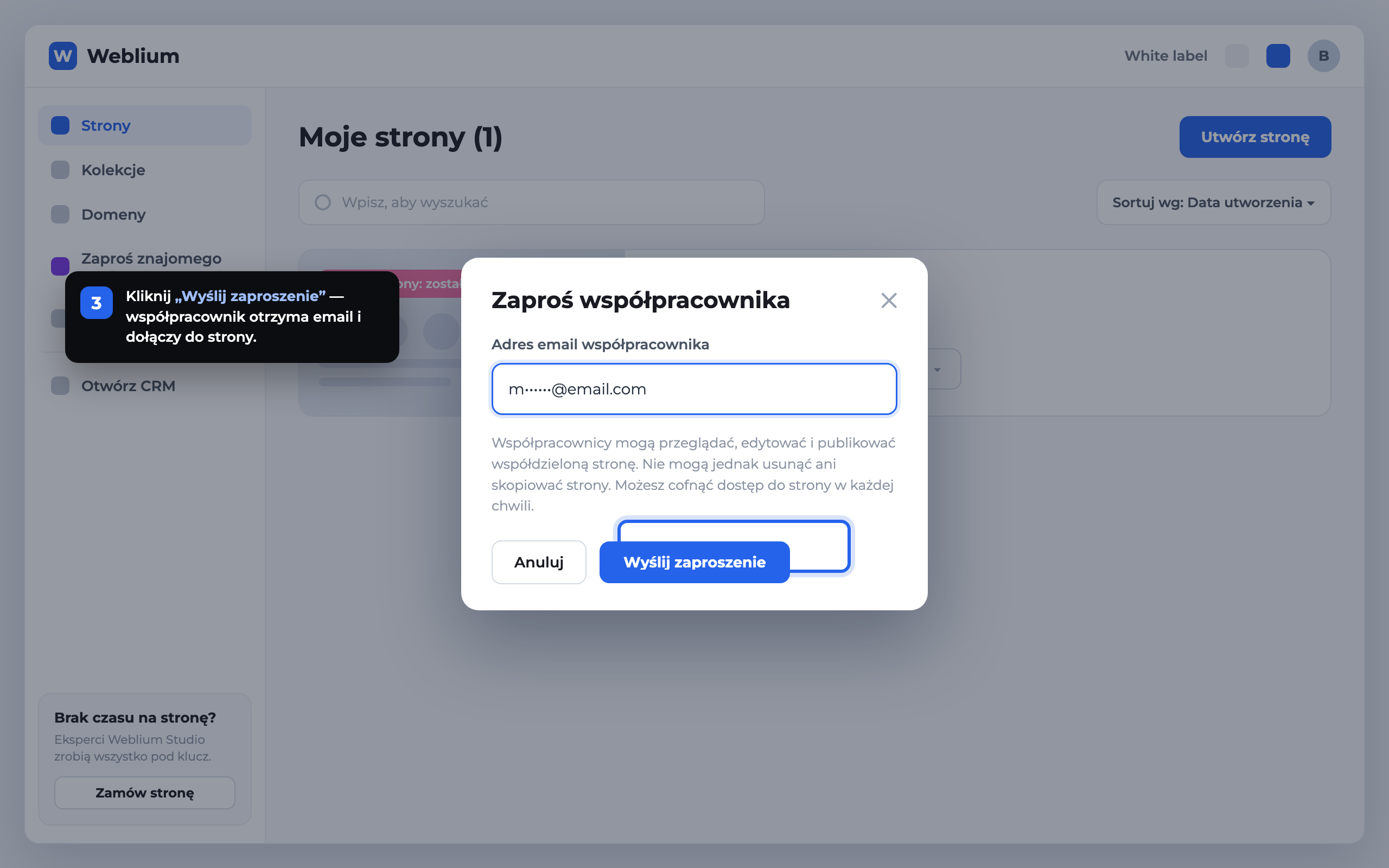 Krok 3: przycisk Wyślij zaproszenie w oknie Zaproś współpracownika Weblium