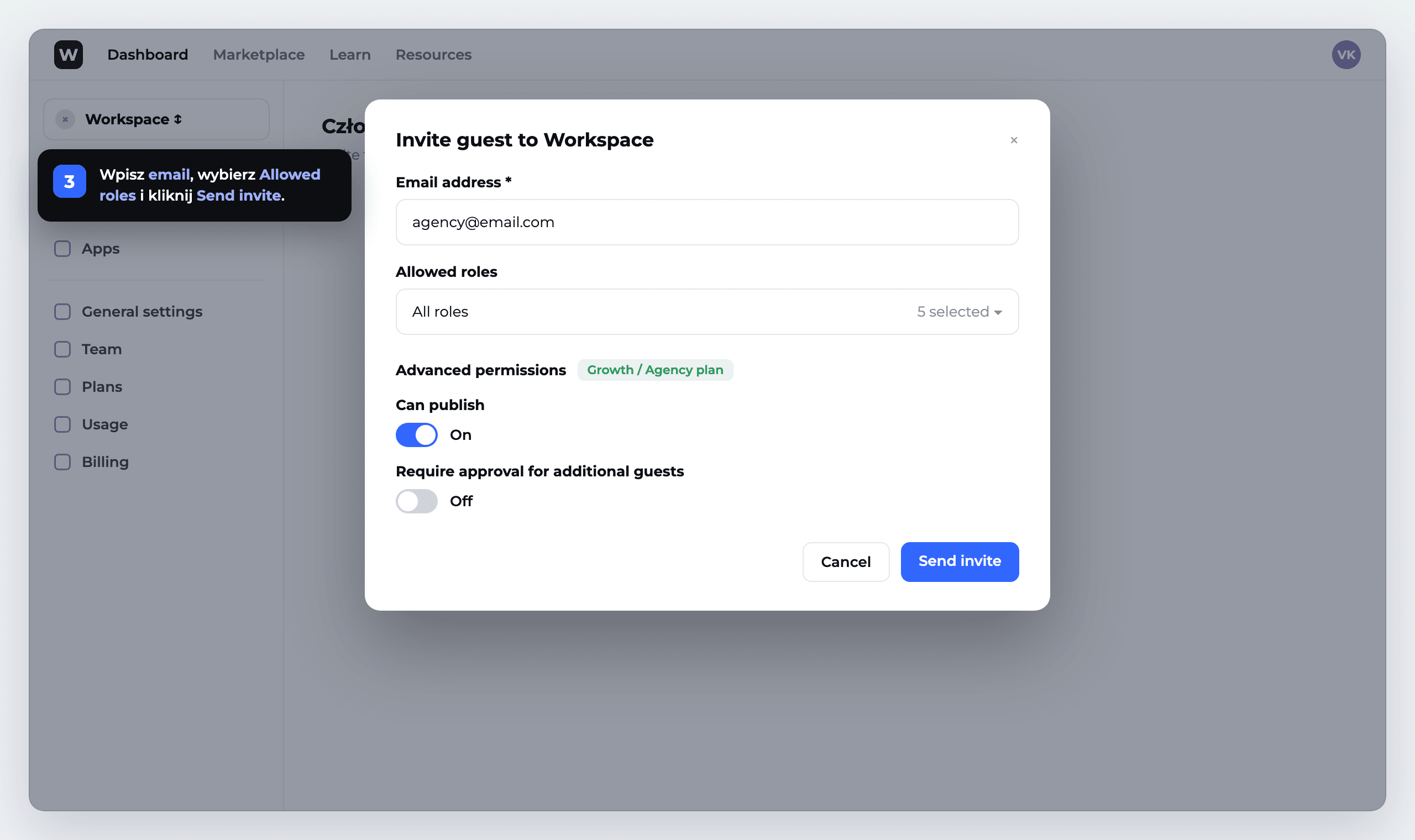 Krok 3: okno Invite guest — email, Allowed roles, Can publish, Send invite