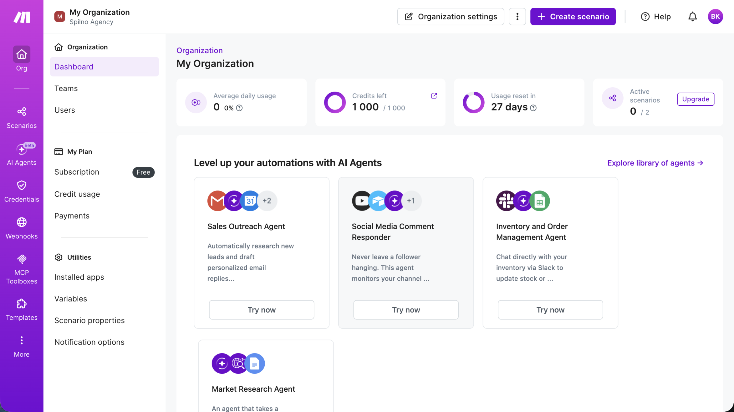 make.com Dashboard — інтерфейс організаційного кабінету з AI Agents