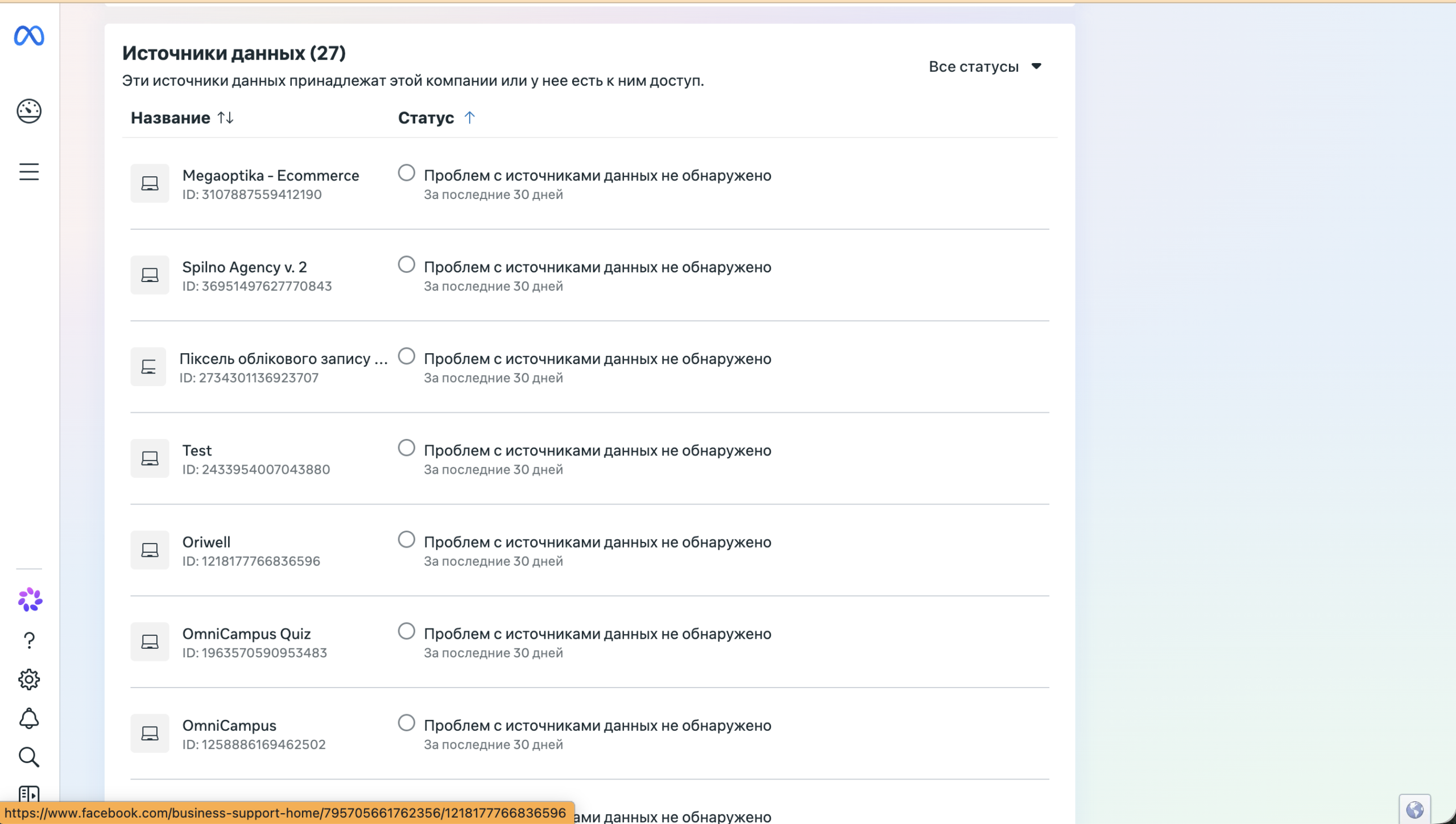 Розділ «Джерела даних» — пікселі Meta, Conversions API та каталоги. Статус «Проблем не виявлено» означає коректну роботу