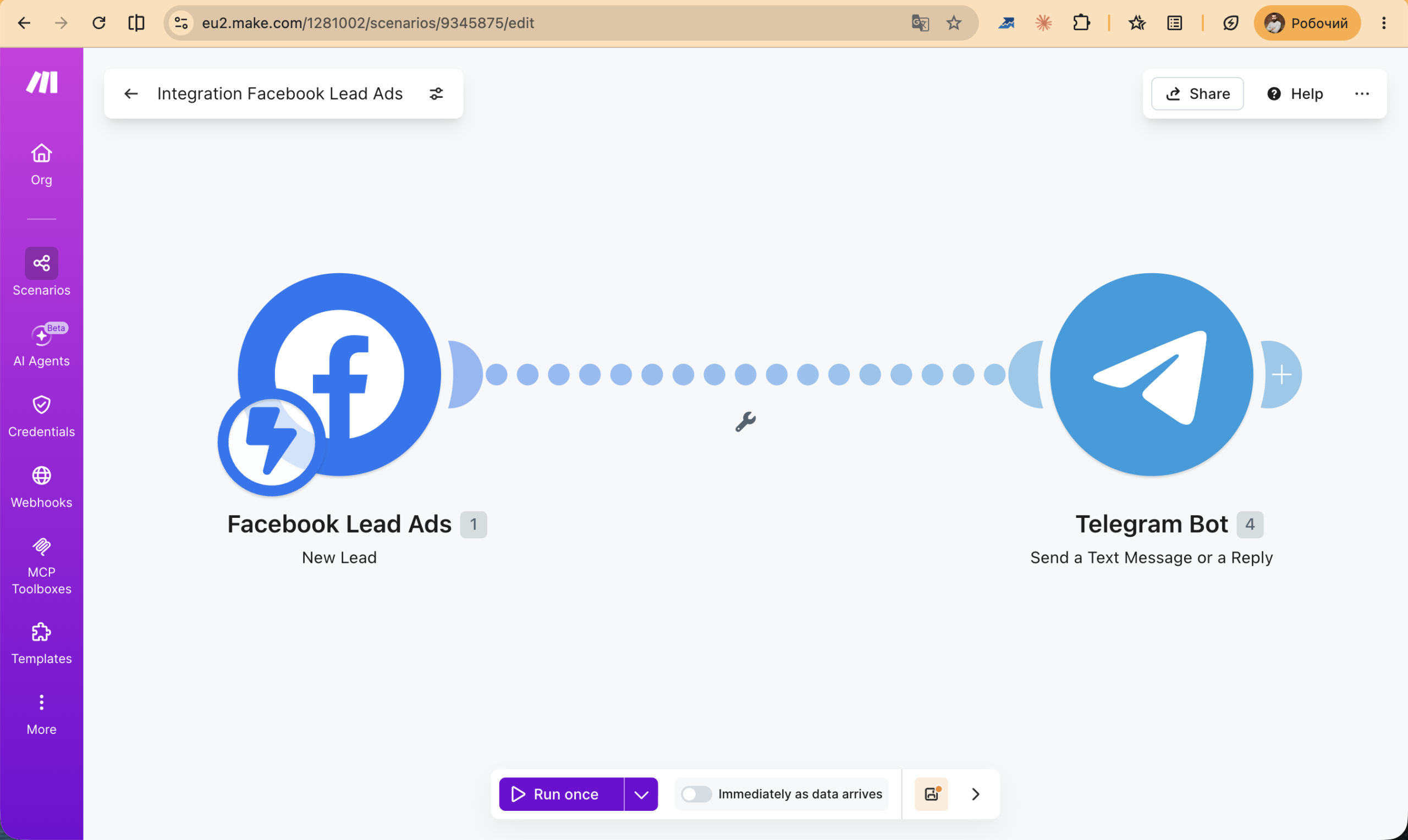 Сценарій make.com: Facebook Lead Ads → Telegram Bot сповіщення