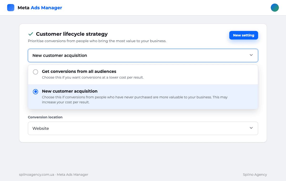 Meta Ads settings: the Customer lifecycle strategy block with New customer acquisition selected and the alternative Get conversions from all audiences option