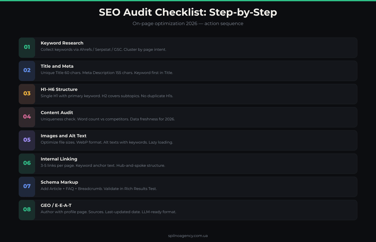SEO Audit Checklist 2026: keyword research, Title, H1, content, images, Schema, GEO