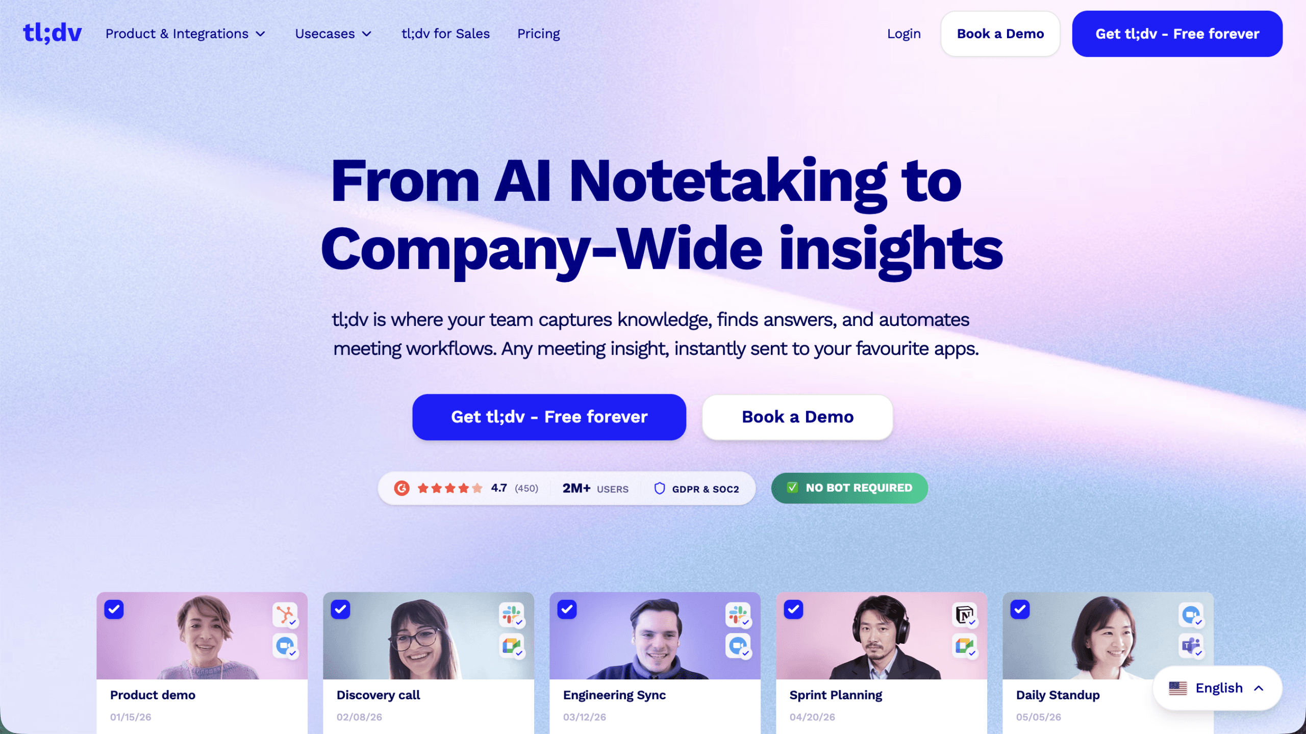 Головна сторінка tl;dv: 'From AI Notetaking to Company-Wide insights' — 4.7/5 зірки, 2M+ користувачів, GDPR & SOC2, режим NO BOT REQUIRED