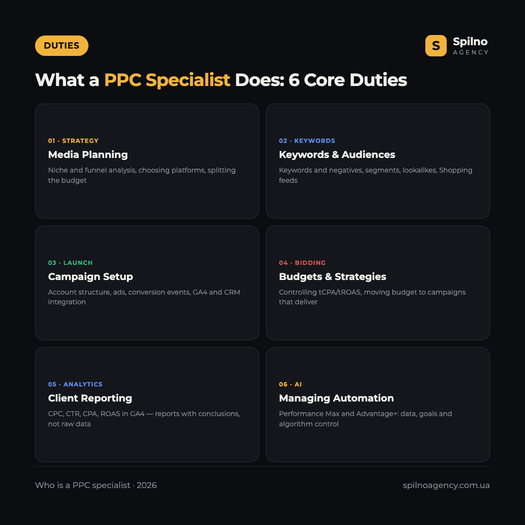 Infographic: what a PPC specialist does — 6 core duties: media planning, keywords, campaign setup, bidding, analytics, managing AI
