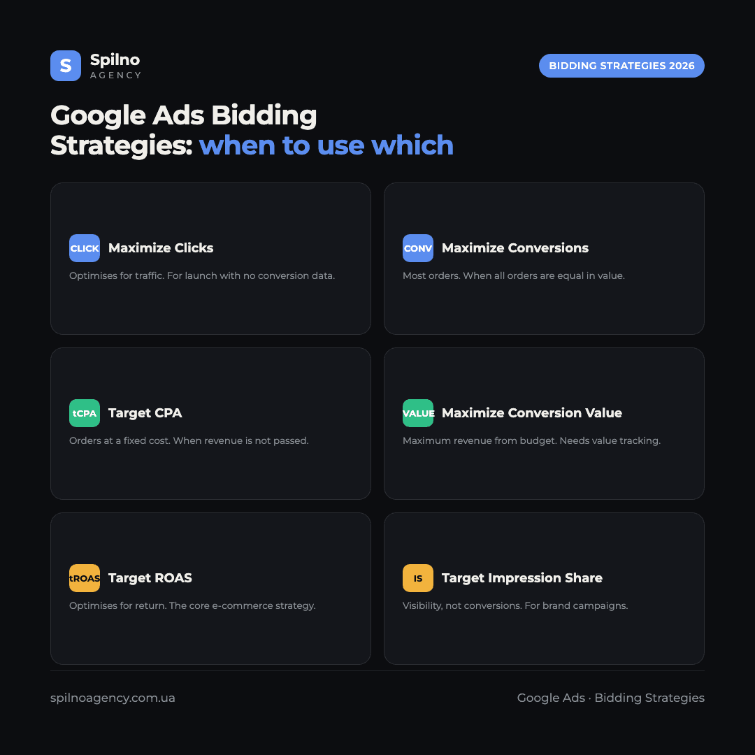 Infographic: comparison of Google Ads bidding strategies for e-commerce — Maximize Clicks, Maximize Conversions, Target CPA, Maximize Conversion Value, Target ROAS
