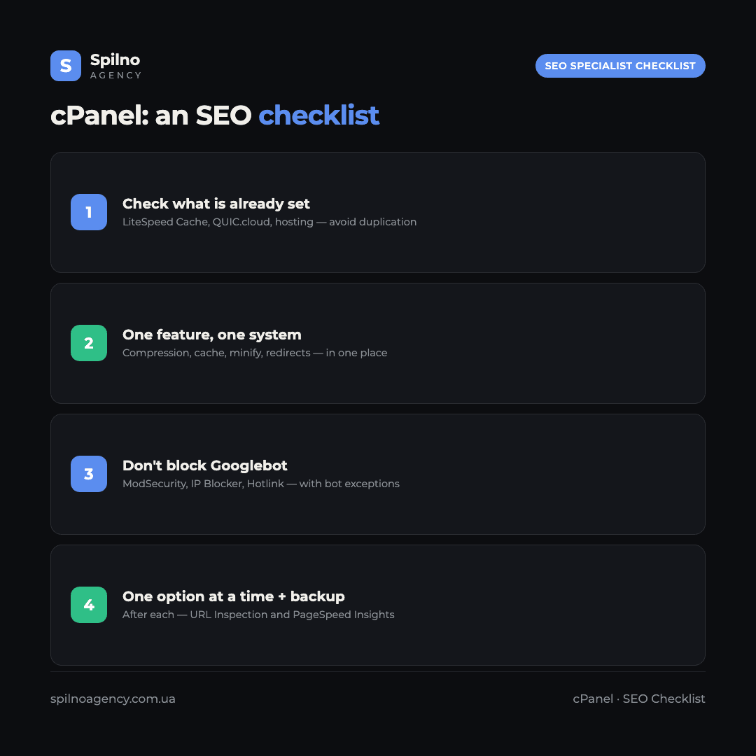Infographic: an SEO specialist's cPanel checklist — check existing settings, one feature per system, don't block Googlebot, change one option at a time with a backup