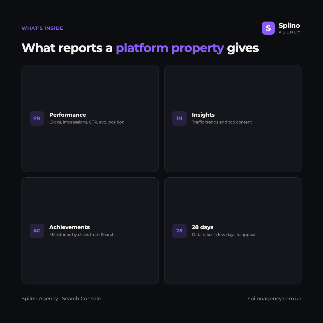 Infographic: what platform property reports show — Performance, Insights, Achievements, and data takes a few days to appear