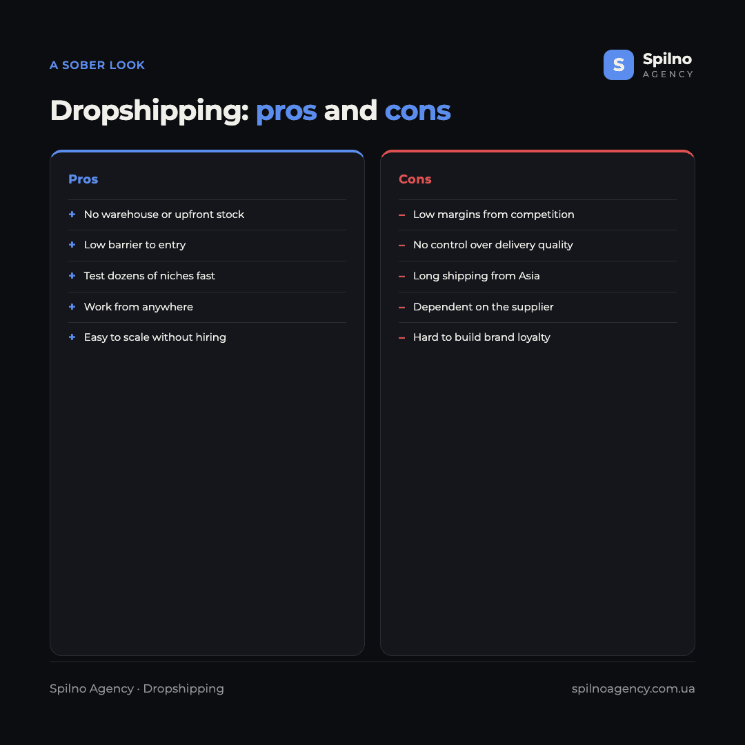 Infographic: pros and cons of dropshipping — low barrier to entry and flexibility versus low margins and supplier dependency