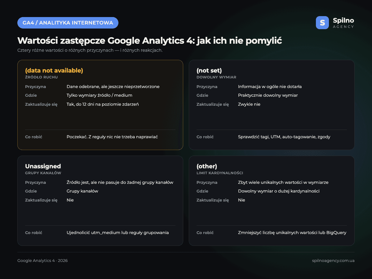 Porównanie wartości zastępczych Google Analytics 4: (data not available), (not set), Unassigned i (other) — przyczyna i czy da się naprawić