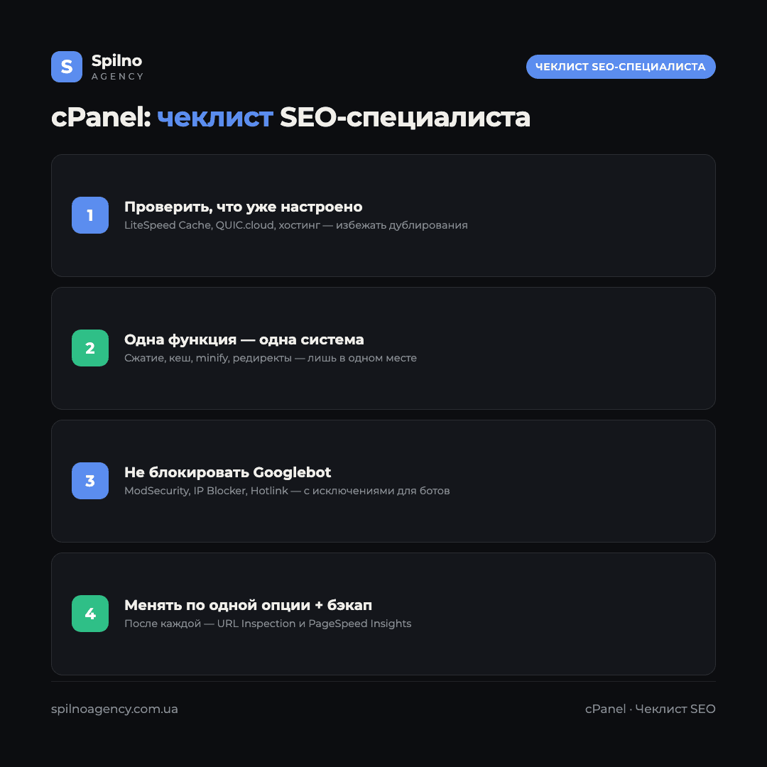 Инфографика: чеклист SEO-специалиста в cPanel — проверить существующие настройки, одна функция на систему, не блокировать Googlebot, менять по одной опции с бэкапом