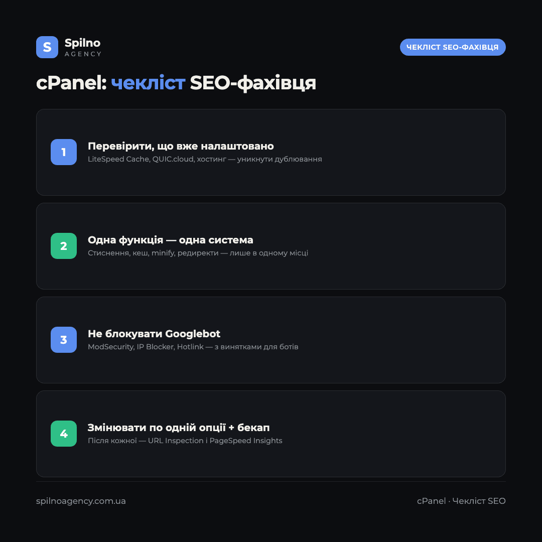 Інфографіка: чекліст SEO-фахівця в cPanel — перевірити наявні налаштування, одна функція на систему, не блокувати Googlebot, змінювати по одній опції з бекапом