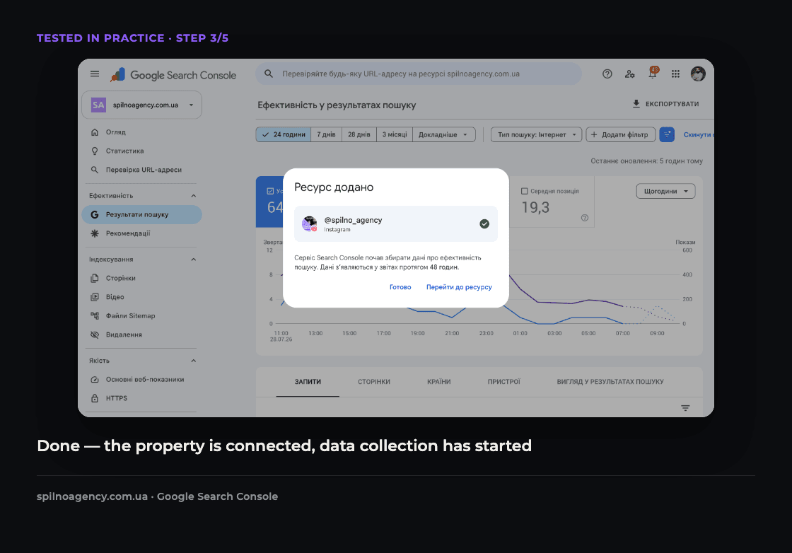Screenshot: the Instagram property was successfully added in Google Search Console, data collection has started