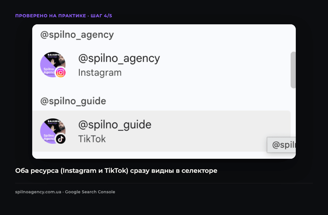 Скриншот: свойства Instagram и TikTok сразу появляются в селекторе ресурсов Search Console