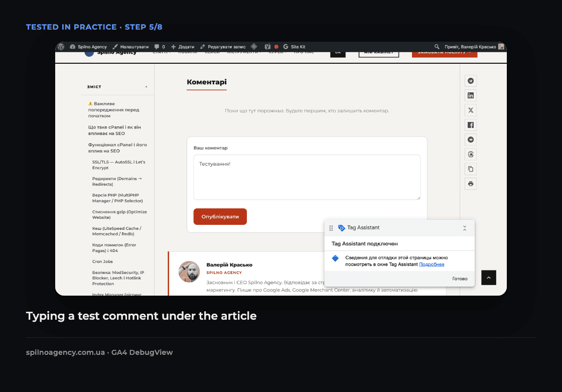 Screenshot: a test comment typed into the article's comment field