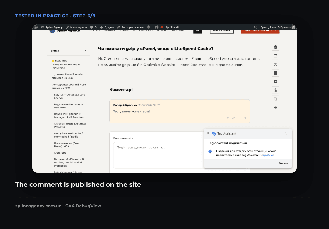 Screenshot: the test comment published on the article page